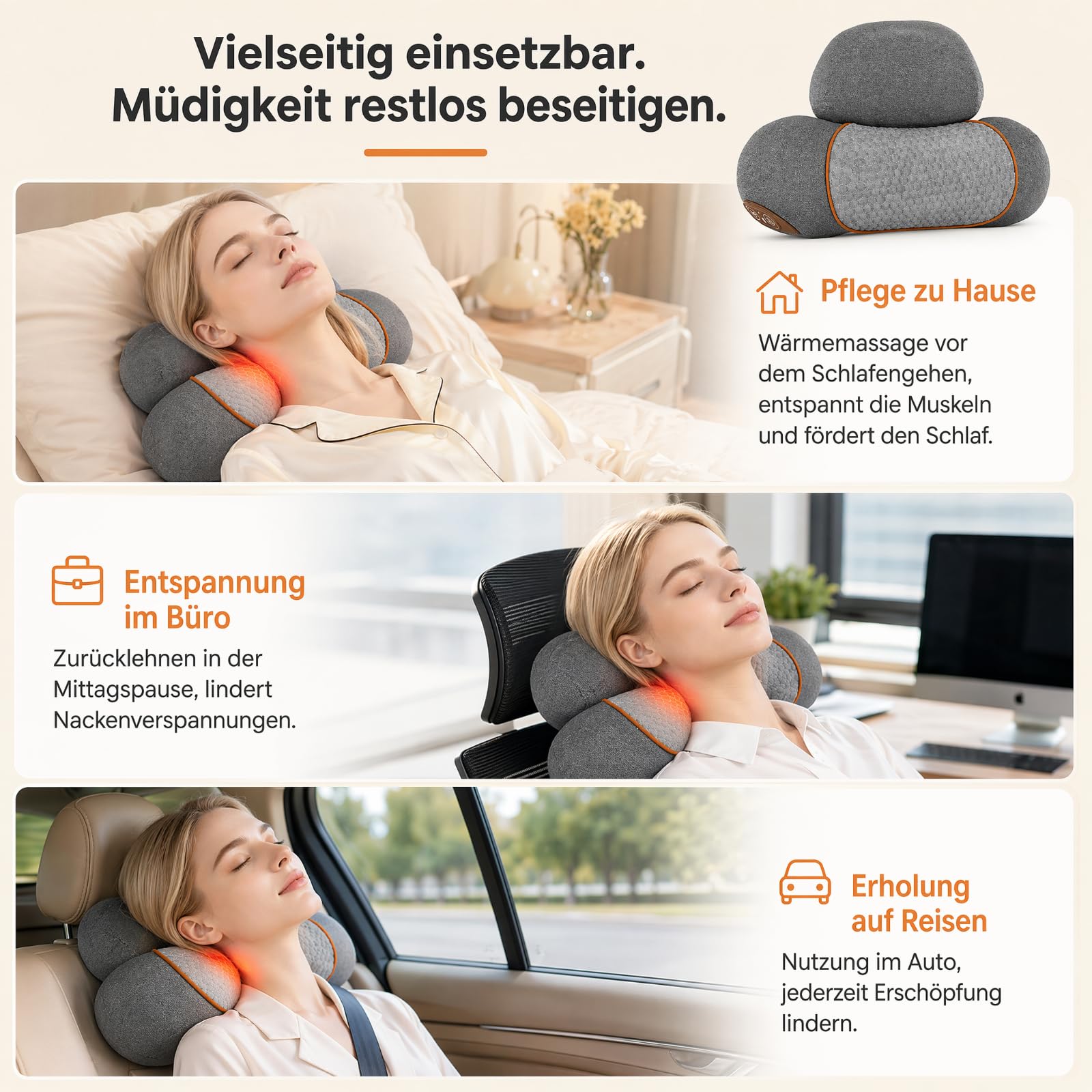 Nacken Massagegerät, 3in1 Elektrisch Nackenmassagekissen,Entspannungskissen | Massagegerät Nacken mit Wärme & Vibration, Massagekissen,Ergonomisches Memory-Schaum Massagegerät für Nacken Rücken Schulter