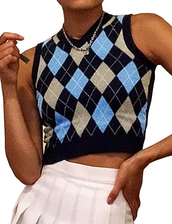 Chaleco De Punto Sin Mangas Para Mujer - Cuello V, Estilo Preppy Argyle, Lana, Varios Colores, Tallas S/M/L