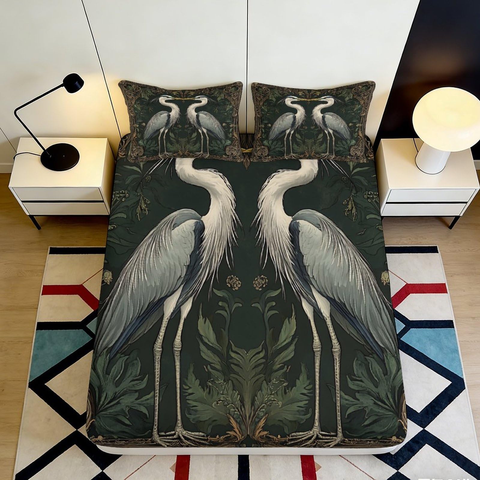 Pnayamiorkfel Style-8 3D Printed Elegant Crane Fitted Sheet Microfiber Soft Breathable Botanical Bed Cover For Bedroom Decor Mattress Protection 90X200x25cm