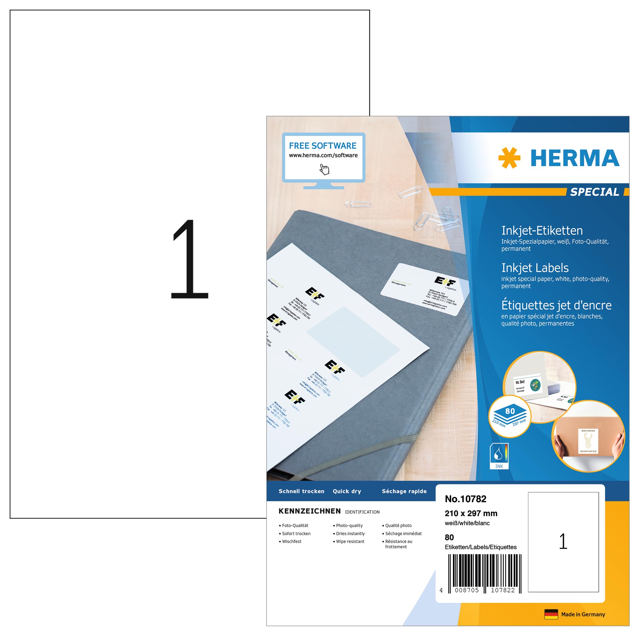 HERMA 10782 - Etichette universali per stampanti a getto d'inchiostro, formato DIN A4 (210 x 297 mm, 80 fogli, carta opaca), autoadesive, stampabili, 80 etichette adesive, colore: bianco