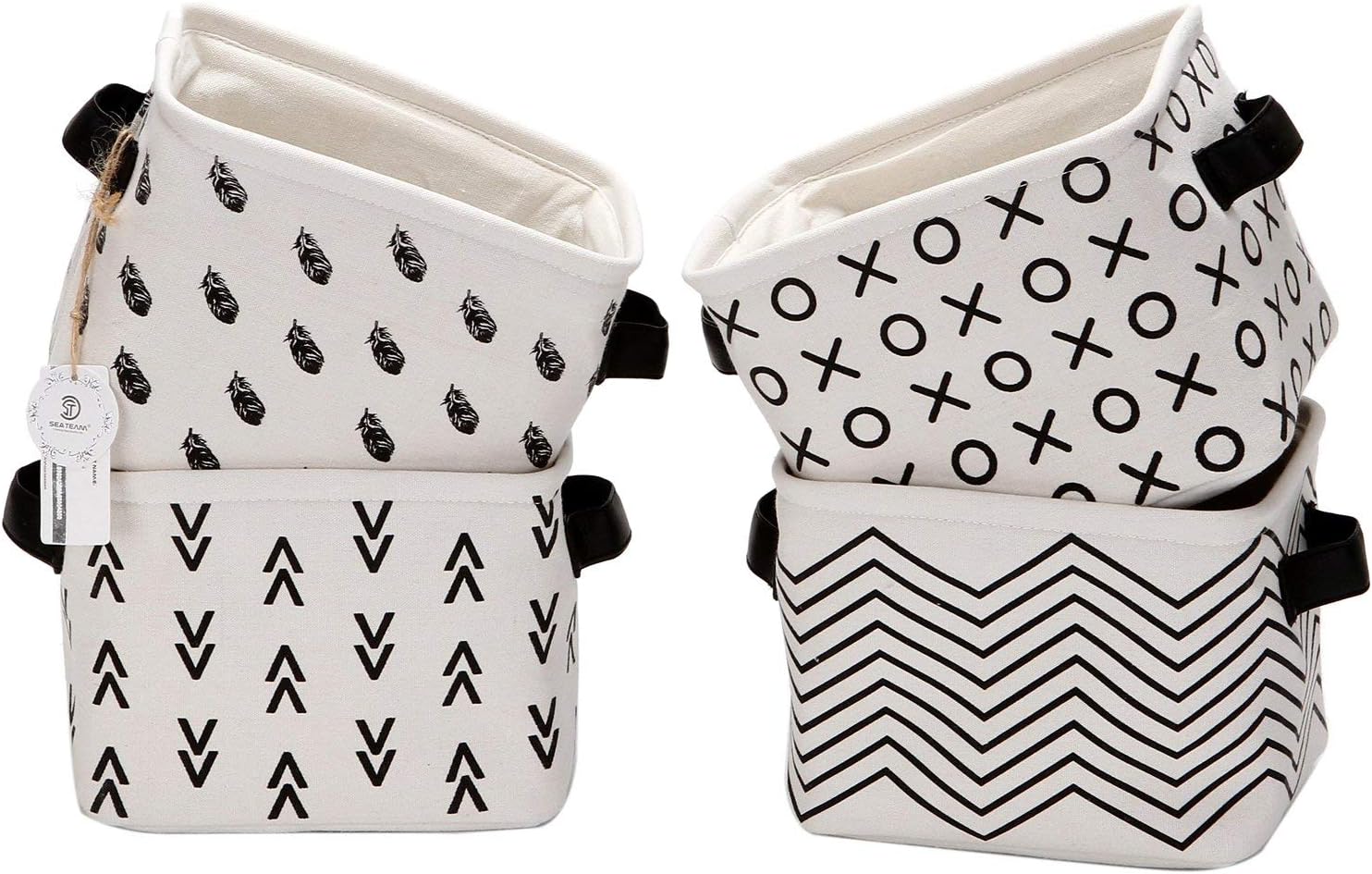 Foldable Mini Square New Black and White Theme Natural Linen & Cotton Fabric Storage Bins Simple Desk Shelf Baskets Organizers - Set of 4