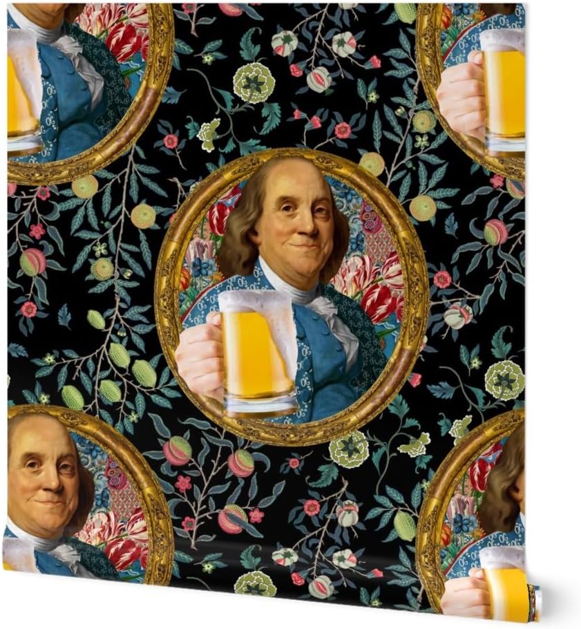 Removable Wallpaper 3ft x 2ft - Benjamin Franklin Beer Floral Botanical Portrait Multicolor Constitution Bar Political Figure Custom Pre-Pasted Wallpaper by Spoonflower