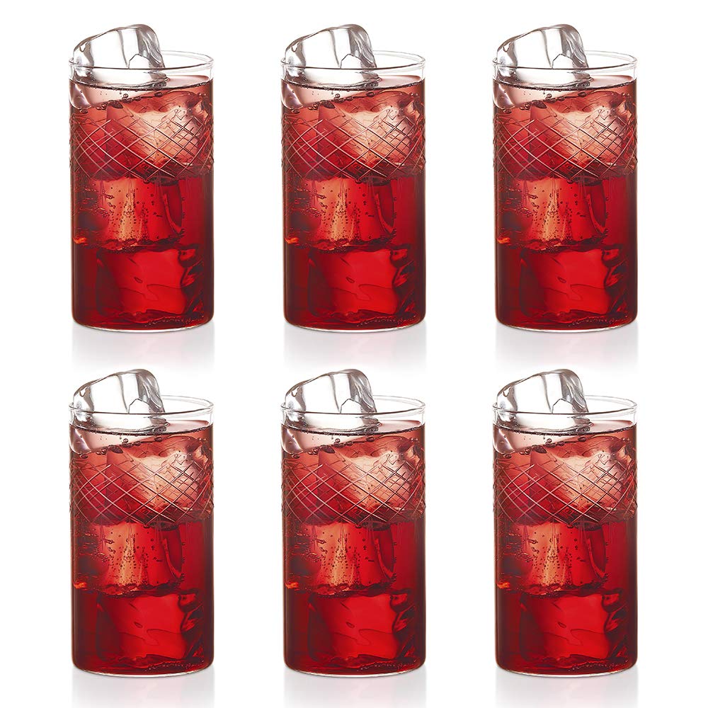 Borosil 350ml 6pc Cut Design Large Drinking Glass Set | Made in India Borosilicate Glass Tumblers for Water, Cold Drinks, Juice| Microwave & Dishwasher Safe for Dailyuse & Gifting (Bracelet)
