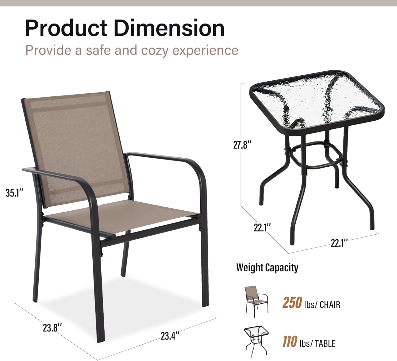 LAUSAINT HOME 3 Pieces Patio Furniture Set, Textilene Fabric Conversation Bistro Set, Outdoor Chairs Set of 2 with Coffee Table for Lawn, Garden, Balcony, Poolside (Brown)