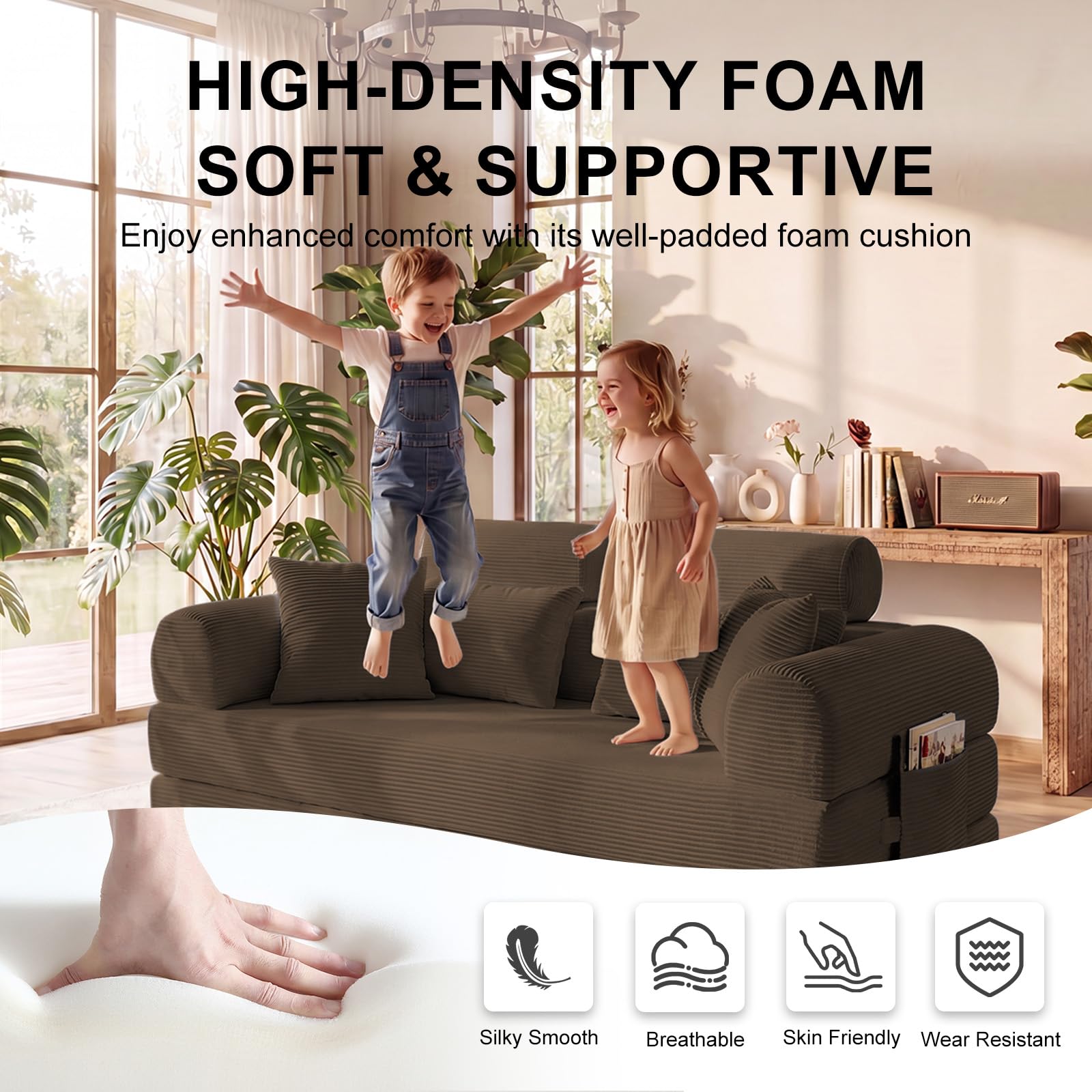 79" Convertible Futon Sofa Bed,High Back Boneless Couch for Living Room | 5-in-1 Corduroy Boneless Loveseat Sleeper, Futon Couch with Ergonomic Support & Side Storage Pocket, No Assembly,Brown