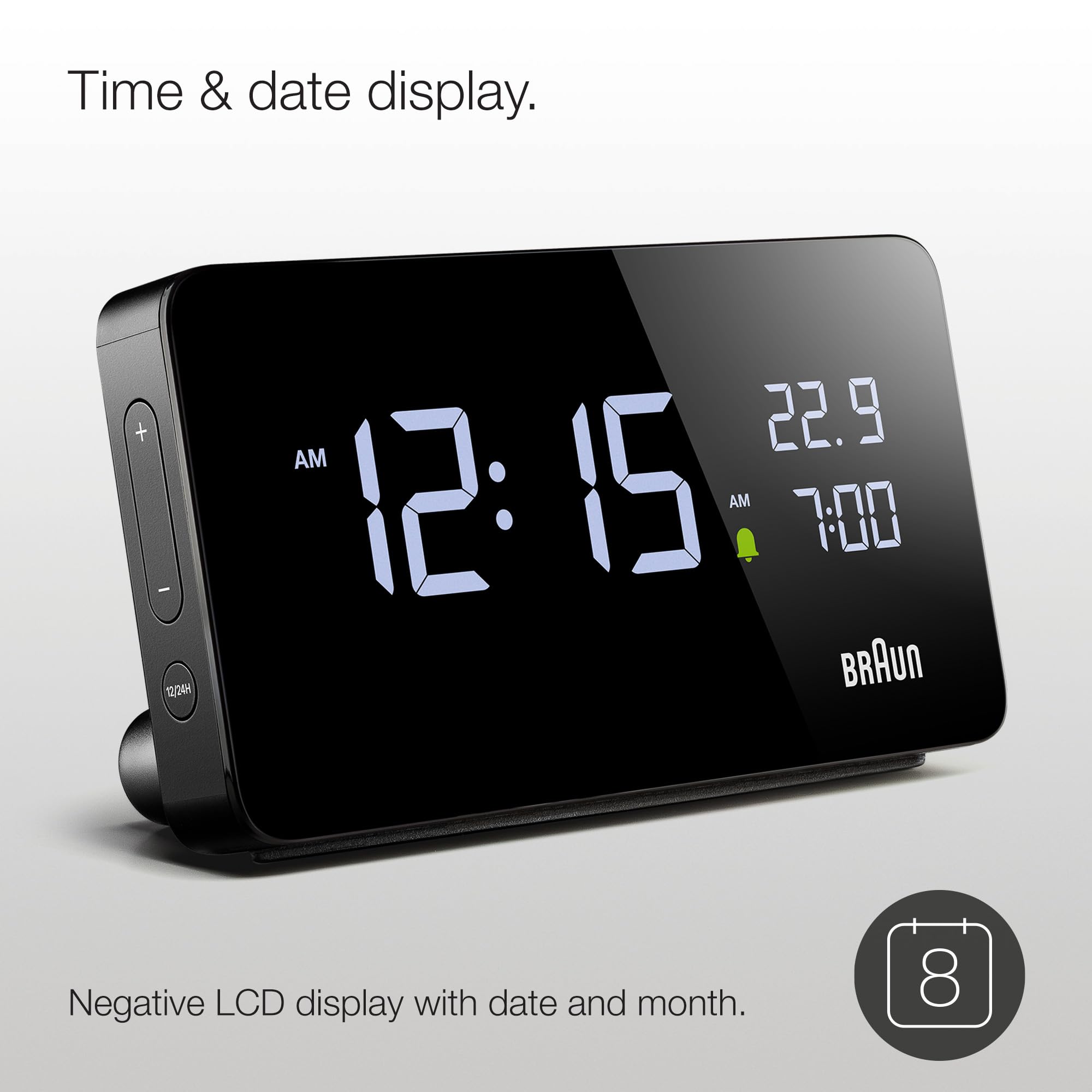 Braun Reloj Despertador Digital Pantalla LCD, 2 Puertos USB-C para Cargar Otros Dispositivos, visualización de Fecha y Hora, repetición táctil, configuración rápida, en Negro, Modelo BC20B.