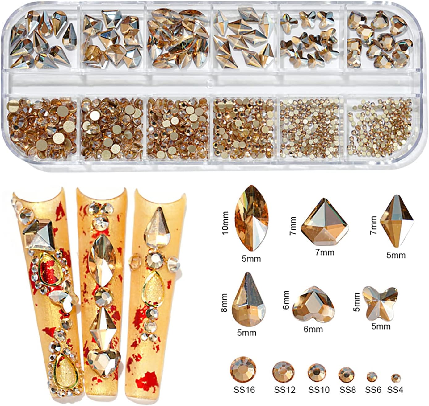 Walacot 1650 個クリスタルネイルラインストーンキットグリーンレッドシャンパンカラーラウンドフラットバックと混合形状ライン