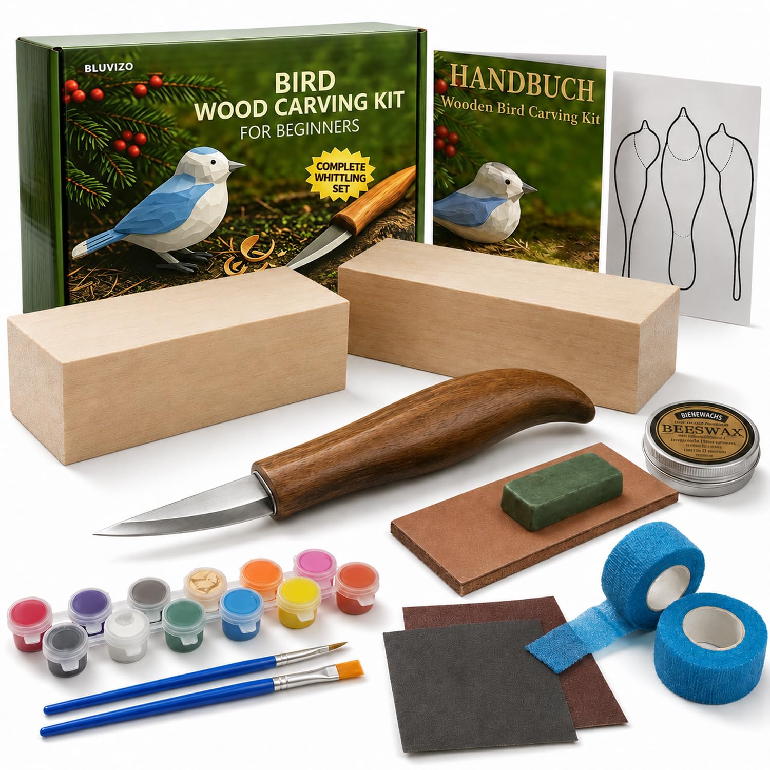 Bluvizo Schnitzwerkzeug Holz Schnitzset für Anfänger: Schnitzmesser Set 25-tlg. zum Schnitzen - HolzSchnitzset Carving Kit mit Anleitung, Handschuhe und Lindenholz für Erwachsene Geschenk