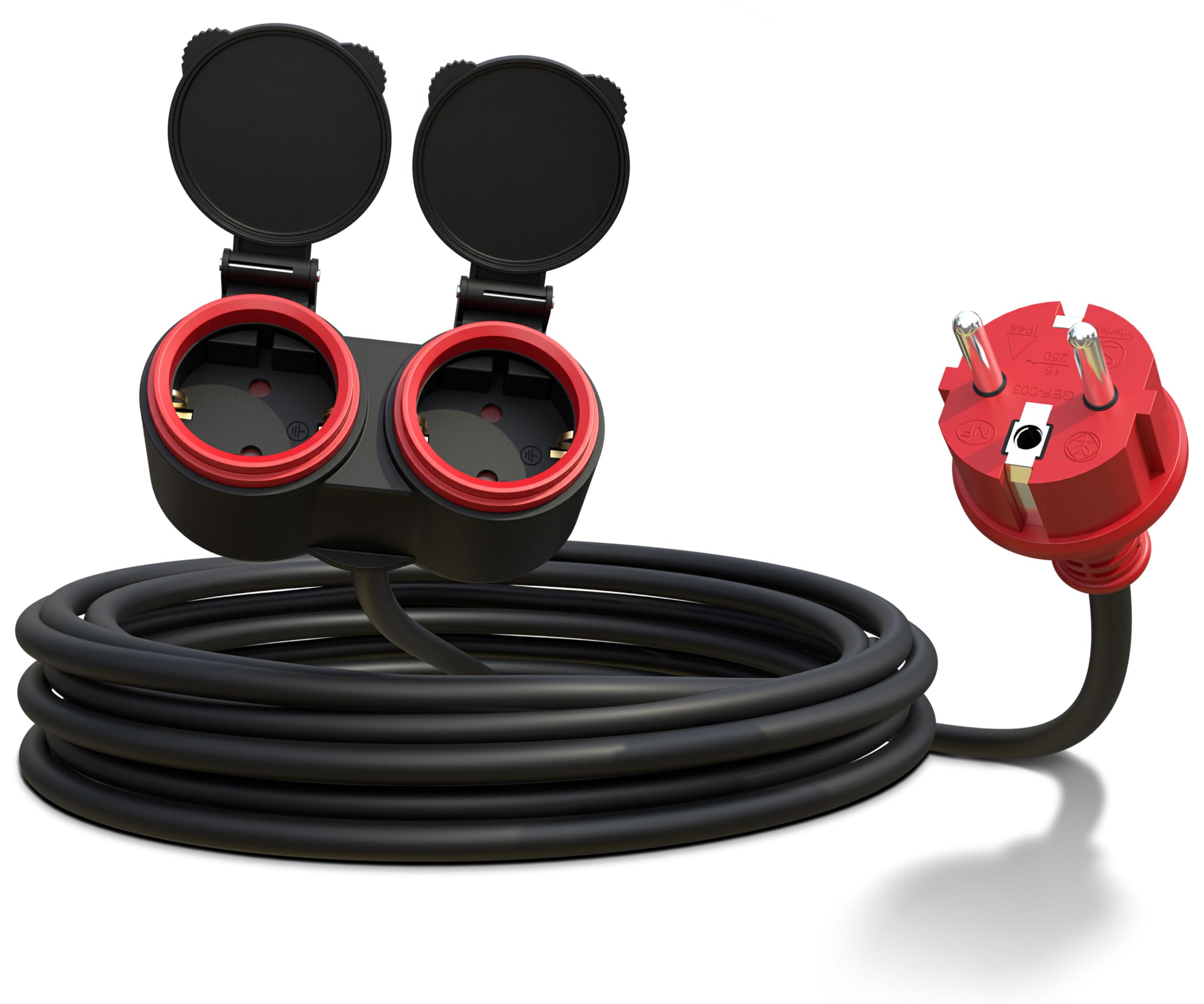 Poppstar Alargador Exterior 3 m (2 Tomas Schuko, IP44, 16A/3680W, H05RR-F 3G1.5), Negro/Rojo