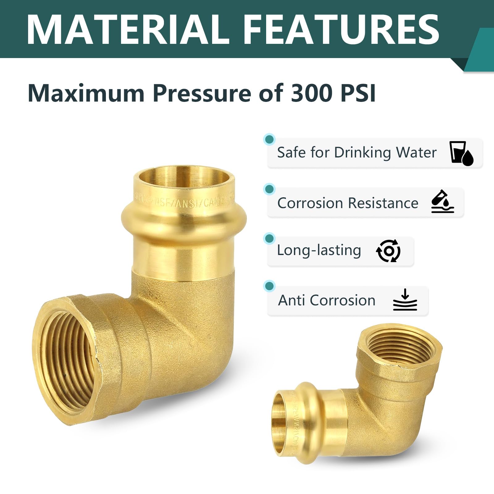 Paquete de 10 prensas de 3/4 pulgadas x codo NPT hembra de 3/4 pulgadas, accesorios de latón para conexión de tubería de cobre