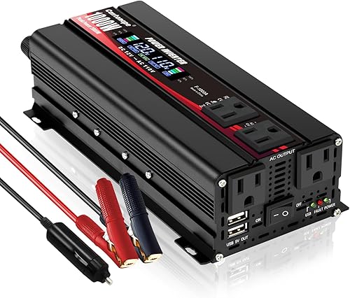 Inversor de corriente para automóvil de 1000 W, CC 12 V a 110 V/120 V, convertidor de CA con pantalla LCD, 4 salidas de CA y cargador de coche USB