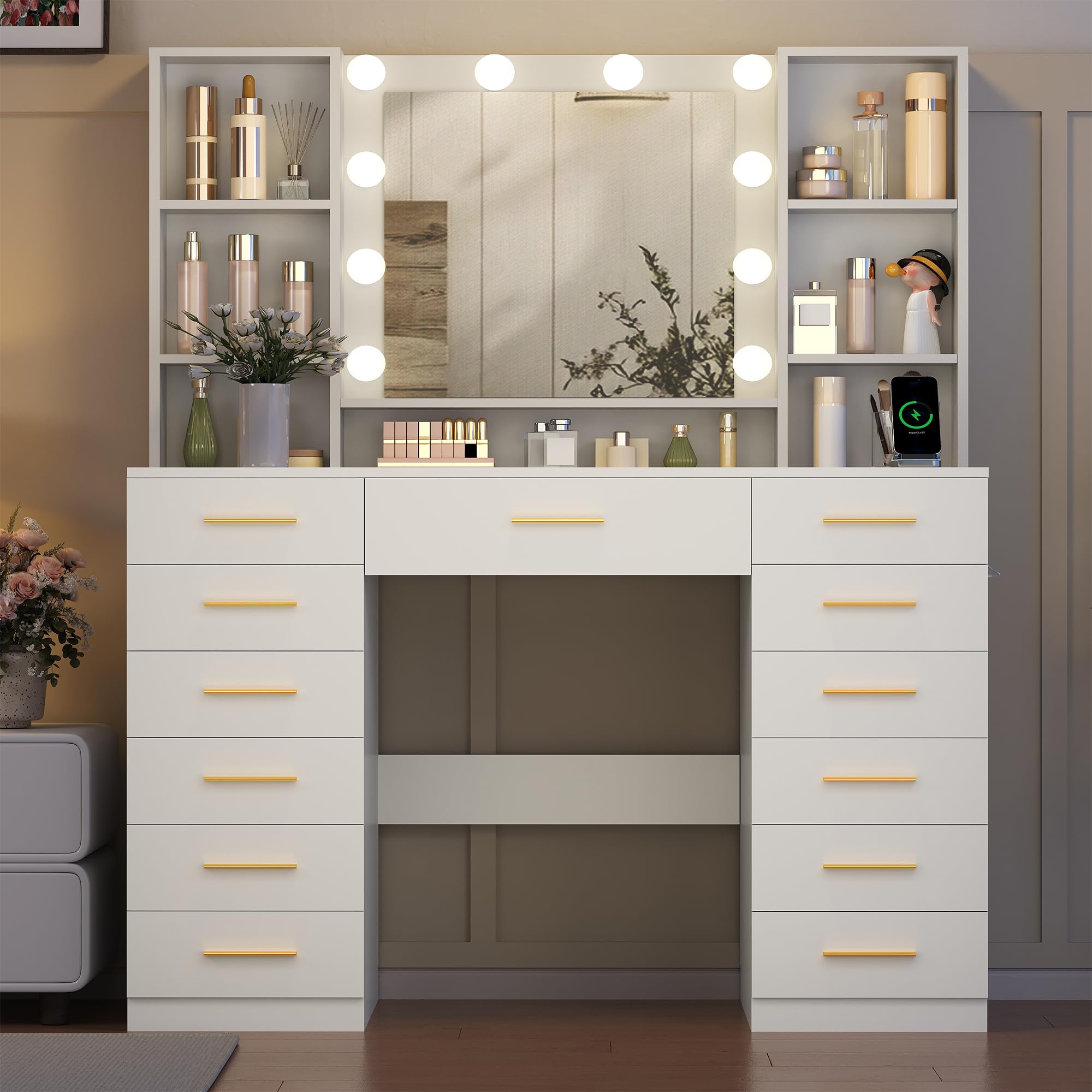 BEWISHOME Toeletta con Specchio LED, Toeletta Trucco con Luci Regolabili e Prese, Toletta con Piano in Vetro, Moderna Tavolo da Trucco con 13 Cassetti, 6 Ripiani Aperti, Bianco 105x40x140, EFST61W