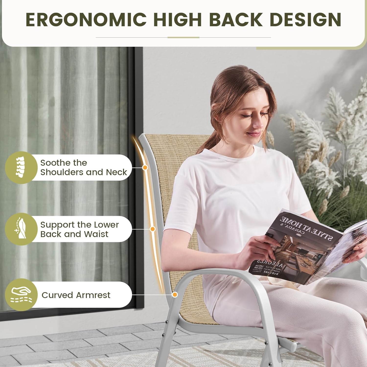 UDPATIO Patio Chairs Set of 2, Stackable Silver Outdoor Dining Chairs with High Back, Breathable Textilene Fabric Outdoor Chair All Weather, 350LBS Capacity for Garden, Backyard (Beige)