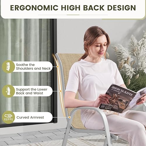 Miniatura 7 de UDPATIO Juego de 2 sillas de patio, sillas de comedor apilables plateadas para exteriores con respaldo alto, silla de tela de textileno transpirable