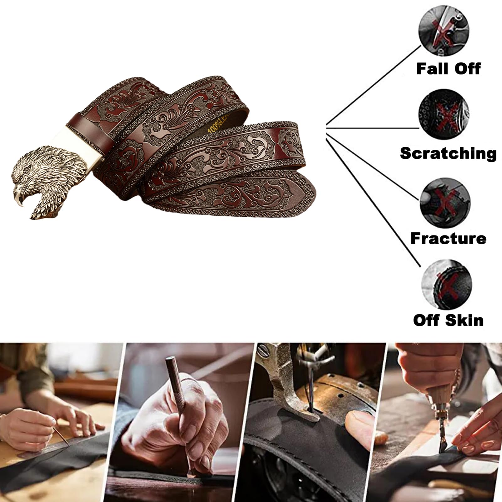 Cinturón De Trinquete Deslizante Clásico Con Hebilla Automática Tallada Águila, Cinturón Trabajo Moda Cuero Repujado (cintura 110 Cm/36 "~ 38", Marrón)