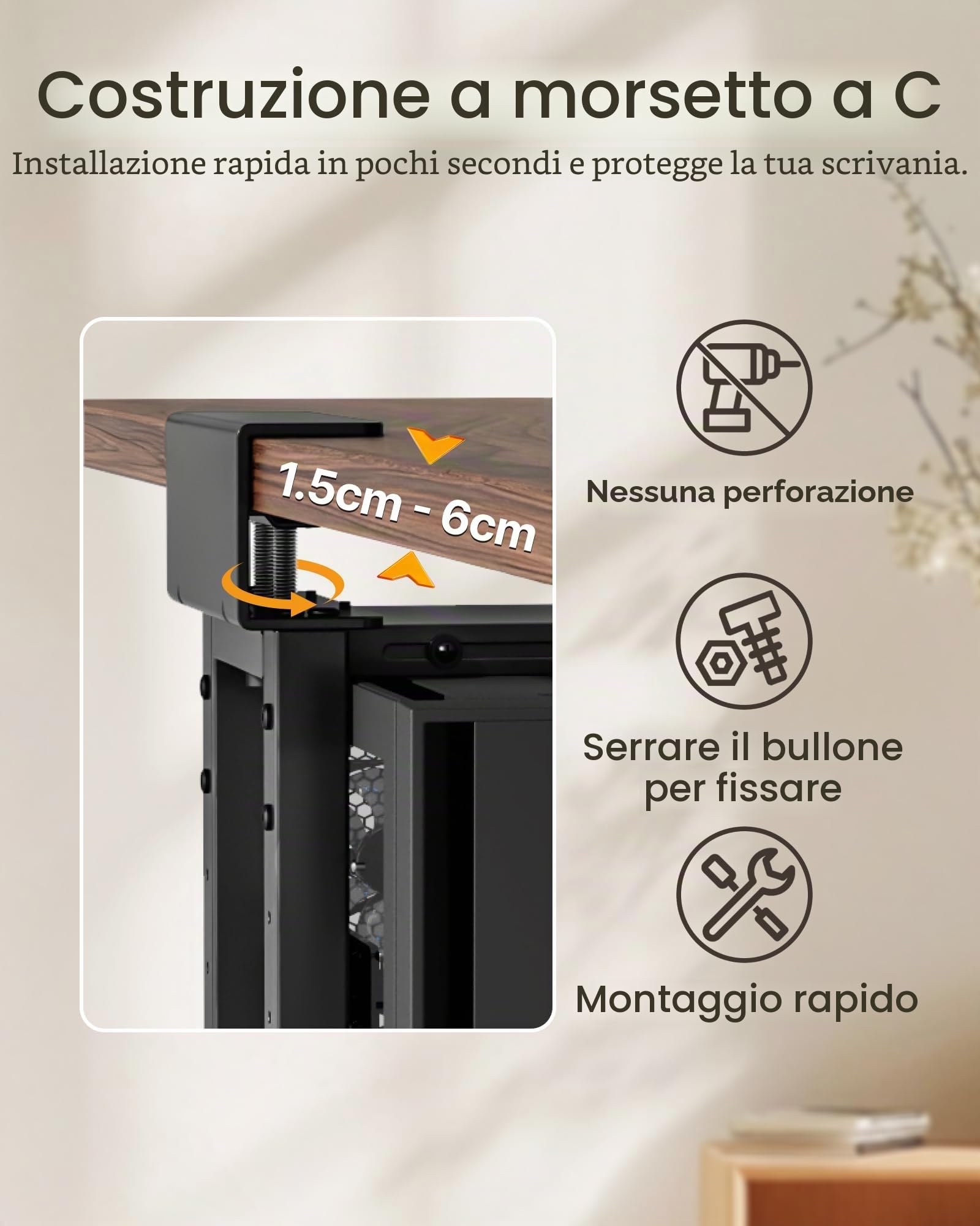 monTEK Supporto per PC da 30 kg, resistente sotto scrivania, montato senza foratura, supporto per PC regolabile con cuscinetti protettivi, altezza 16,1"-25,6", ideale per ufficio, casa, aula, nero