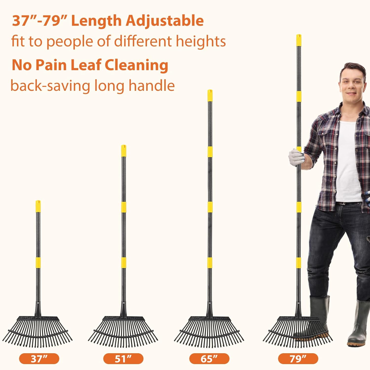 Rake, Gardening Rakes for Leaves Lawns Heavy Duty, 79 in Leaf Rake with 25 Clog-Free Tines, 18.5” Wide Large Head, Metal Garden Tools for Yard Quick Cleanup Garss, Debris, Detachable for Camping