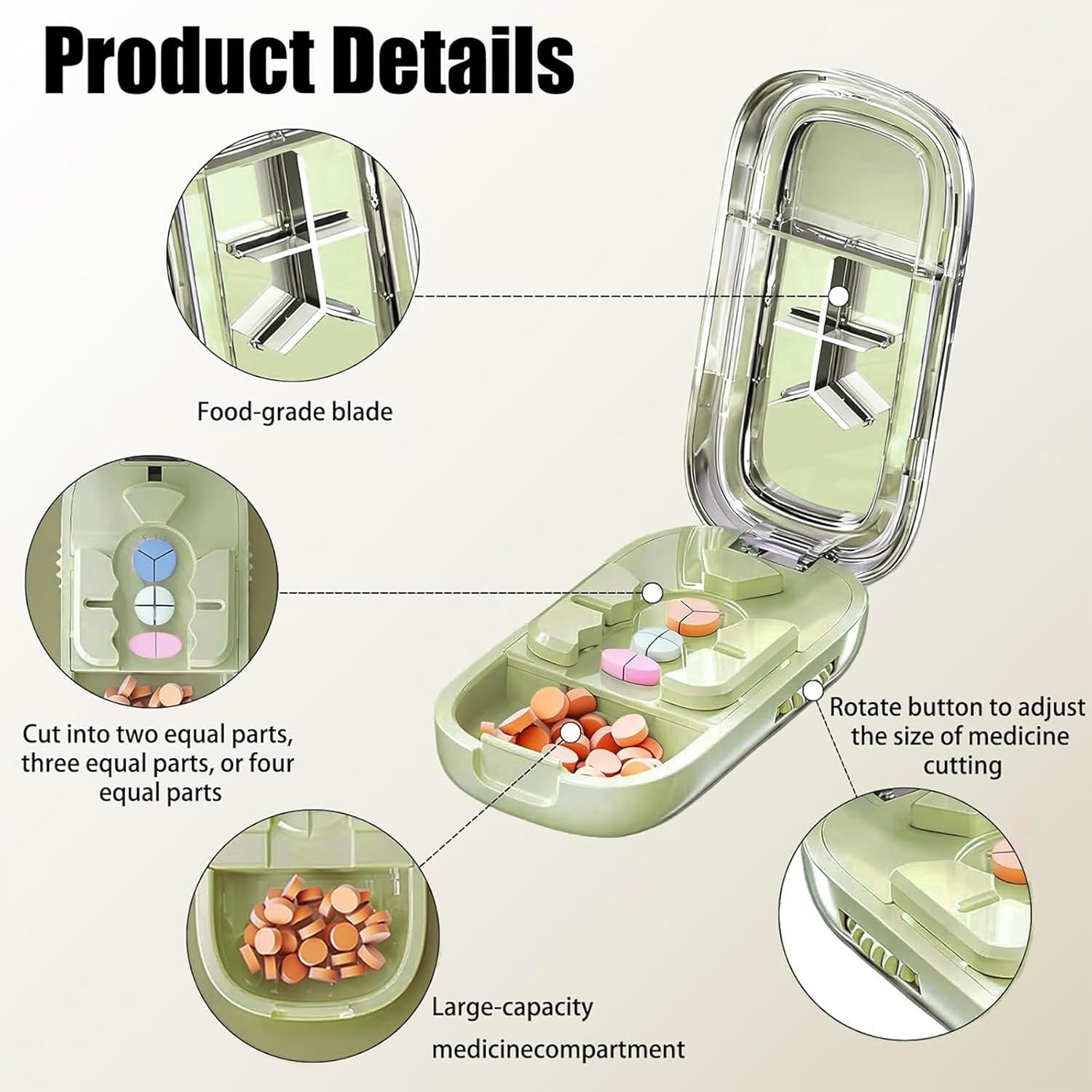 Pill Cutter Splitter for Small and Tiny Pills - Adjustable Pill Cutter for 1/2 1/3 1/4 Quarter Split, Built-in Pill Case for Travel, Pocket, Safe for Medication, Not for Large Hard Vitamins (Green)