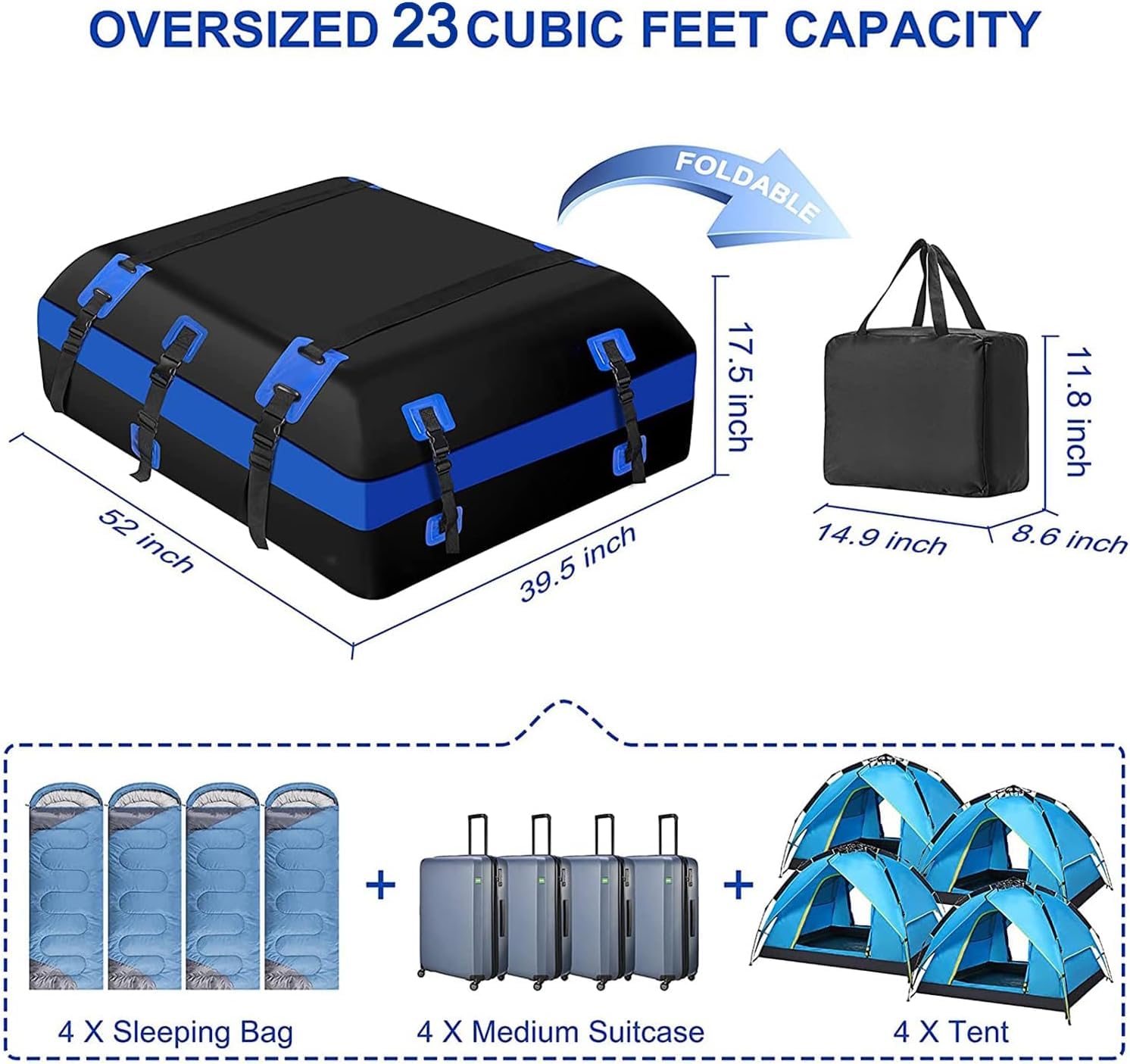 Extra Grand Sac Coffre De Toit Voiture 651L 23 Cubic Ft Souple Pliable avec/sans Barre De Toit 700D PVC étanche avec Attache Coffre De Toit Tapis Antidérapant 10pcs Sangles Renforcées 6 pcs Crochets