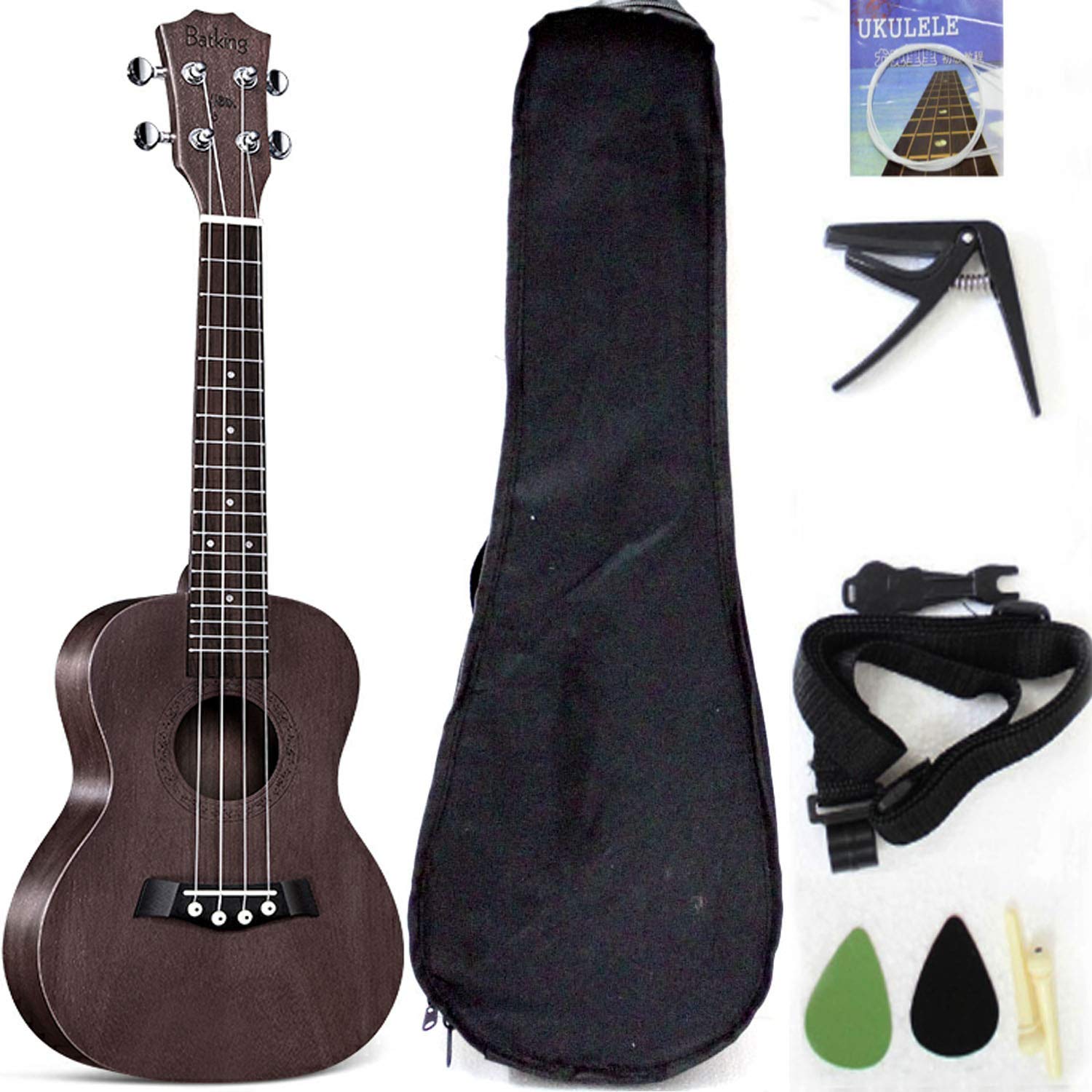 Ukulele Tenor ukulele con top in mogano, 66 cm, con accessori per ukulele con custodia, tracolla, corda in nylon, accordatore elettrico, plettri