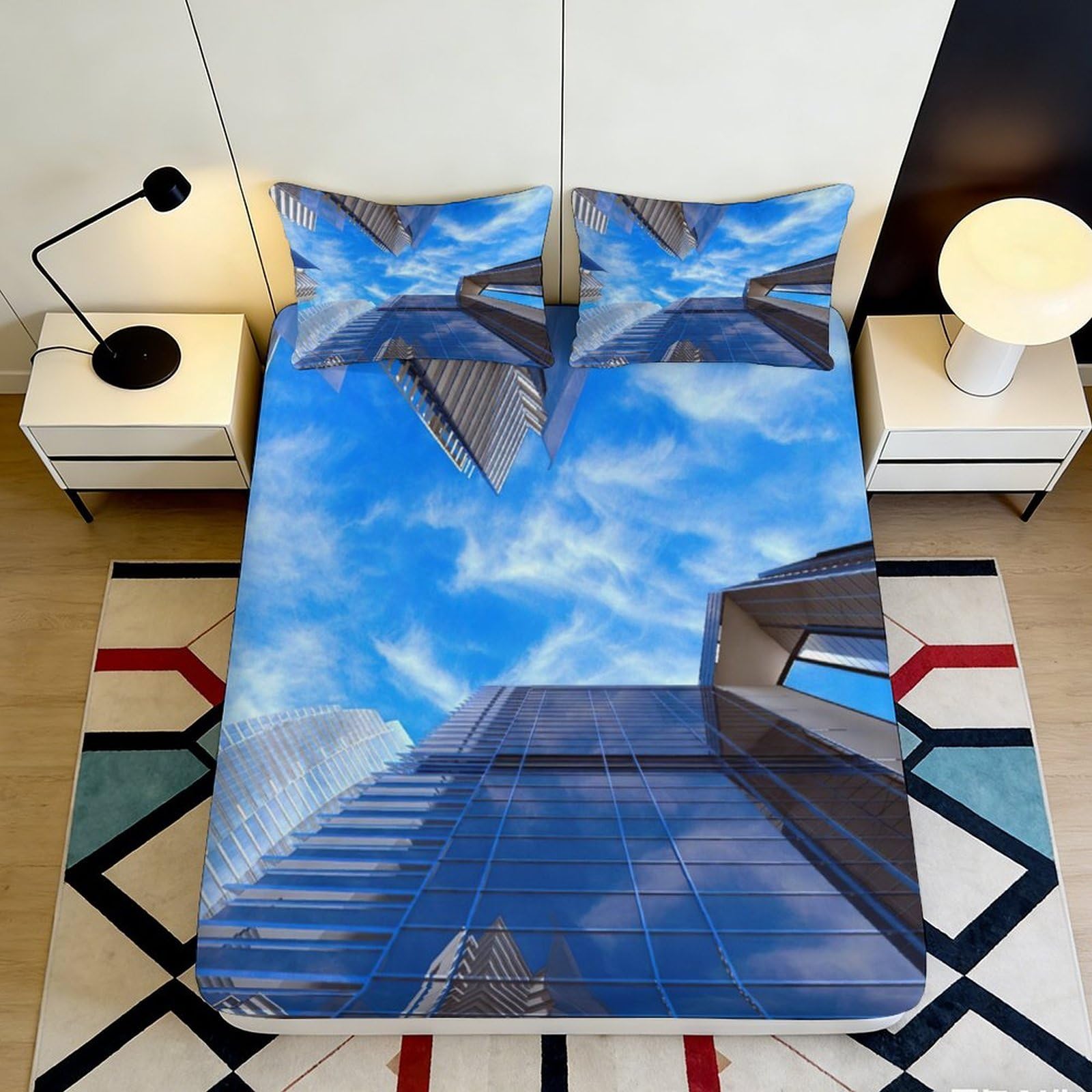 3D Printed Architecture Sky Fitted Sheet Microfiber Deep Pocket Non-Slip Architecture Mattress Fitted Cover Bedroom 200x200x25cm
