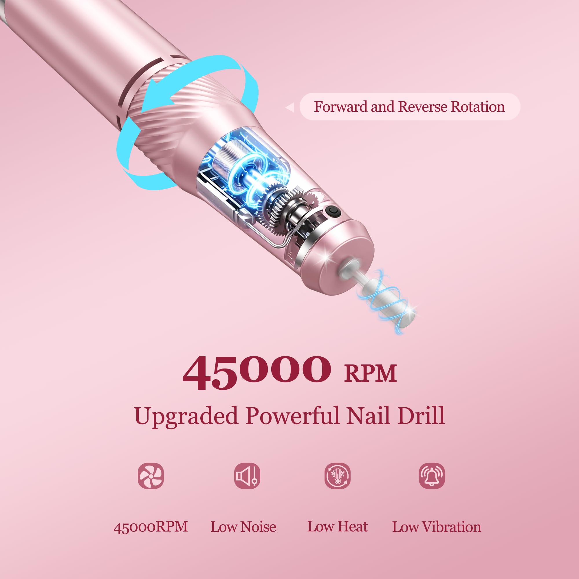 Fresa elettrica per unghie, professionale, per unghie in gel e acrilico, 45000 giri/min, senza fili, ricaricabile, kit per pedicure e manicure, per piedi e mani