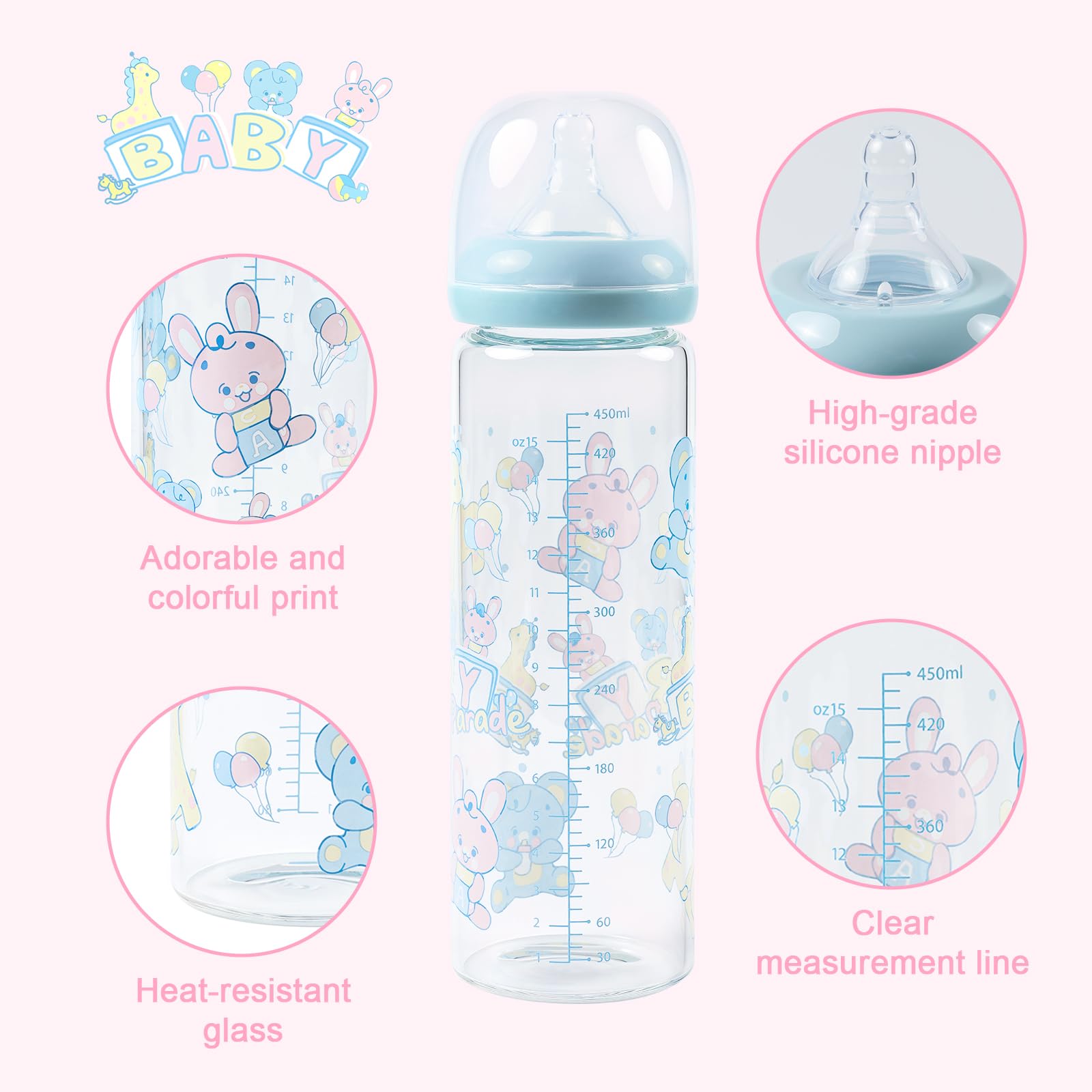 LittleForBig Adult Glass Feeding Bottle Ultra Printed Specialty Oversized Baby Parade Pattern