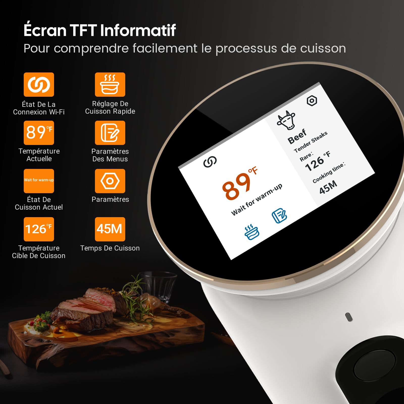 INKBIRD WiFi Thermoplongeur Sous Vide ISV-101W, Cuisson Basse Température 1000W: Écran TFT, Cuisson De Réservation App, Protection Du Niveau D'eau, Avertissement De Température, 0℃~95℃, Réglable 0,1℃