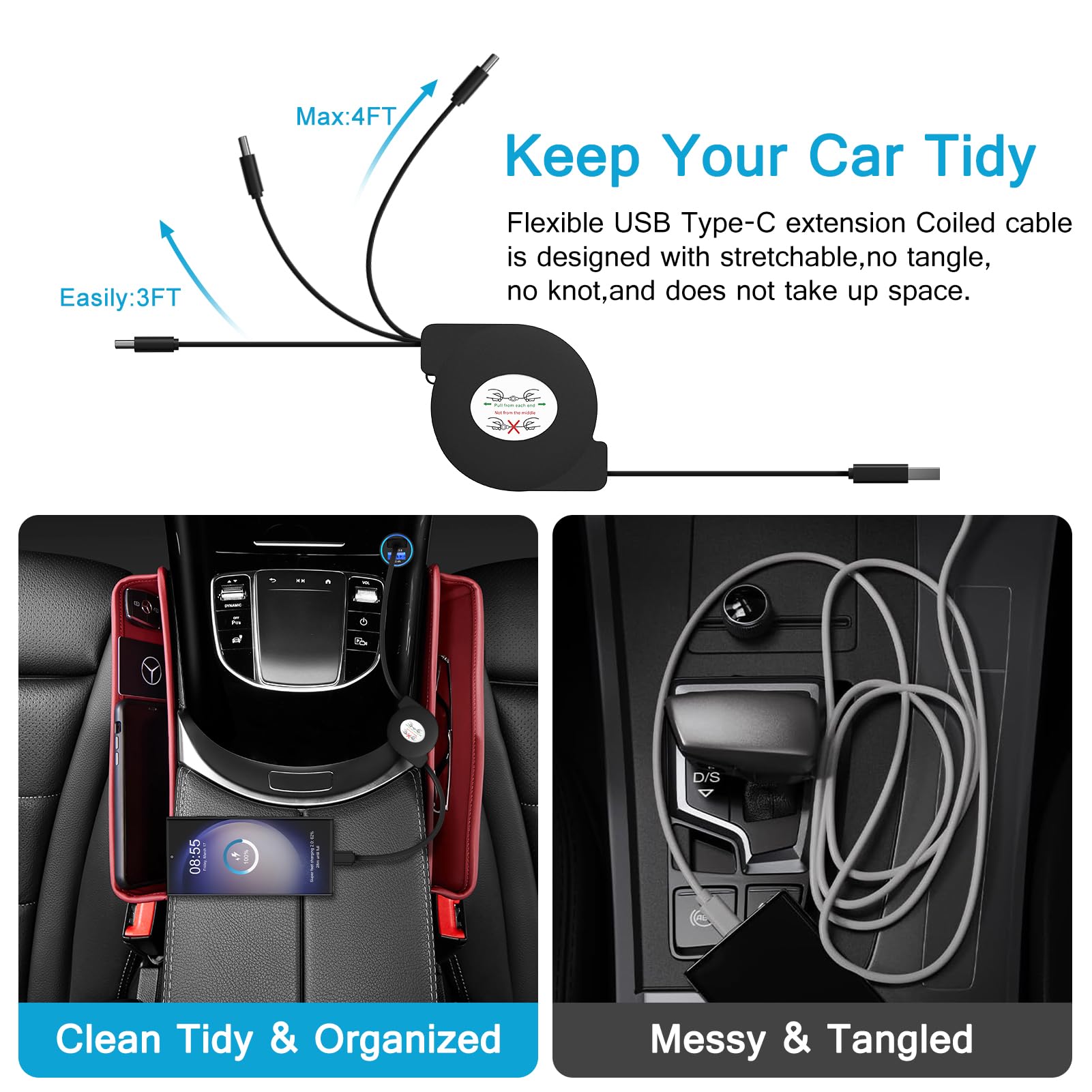 Cable USB C retráctil para coche, 3.3 pies, paquete de 3 unidades de teléfono Android USB C a USB A, cable de carga rápida para Samsung Galaxy S24/S24 Ultra/S23/S25/S25+, cable retráctil tipo C para