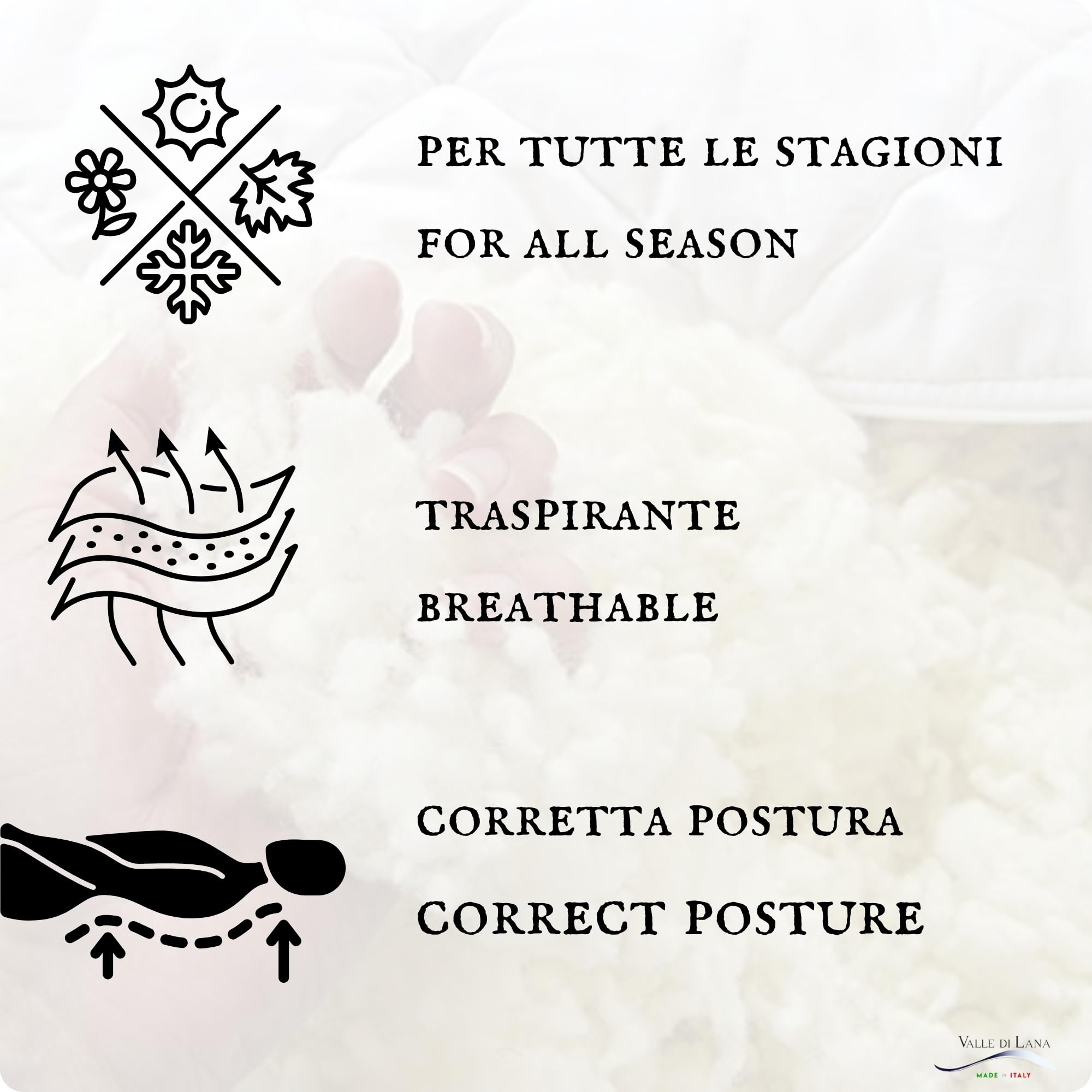 Valle di Lana - Cuscino Saponetta Classico in Lana Merino, Traspirante e Termoregolante, Regolabile in Altezza, Federa in Puro Cotone Lavabile, Made in Italy
