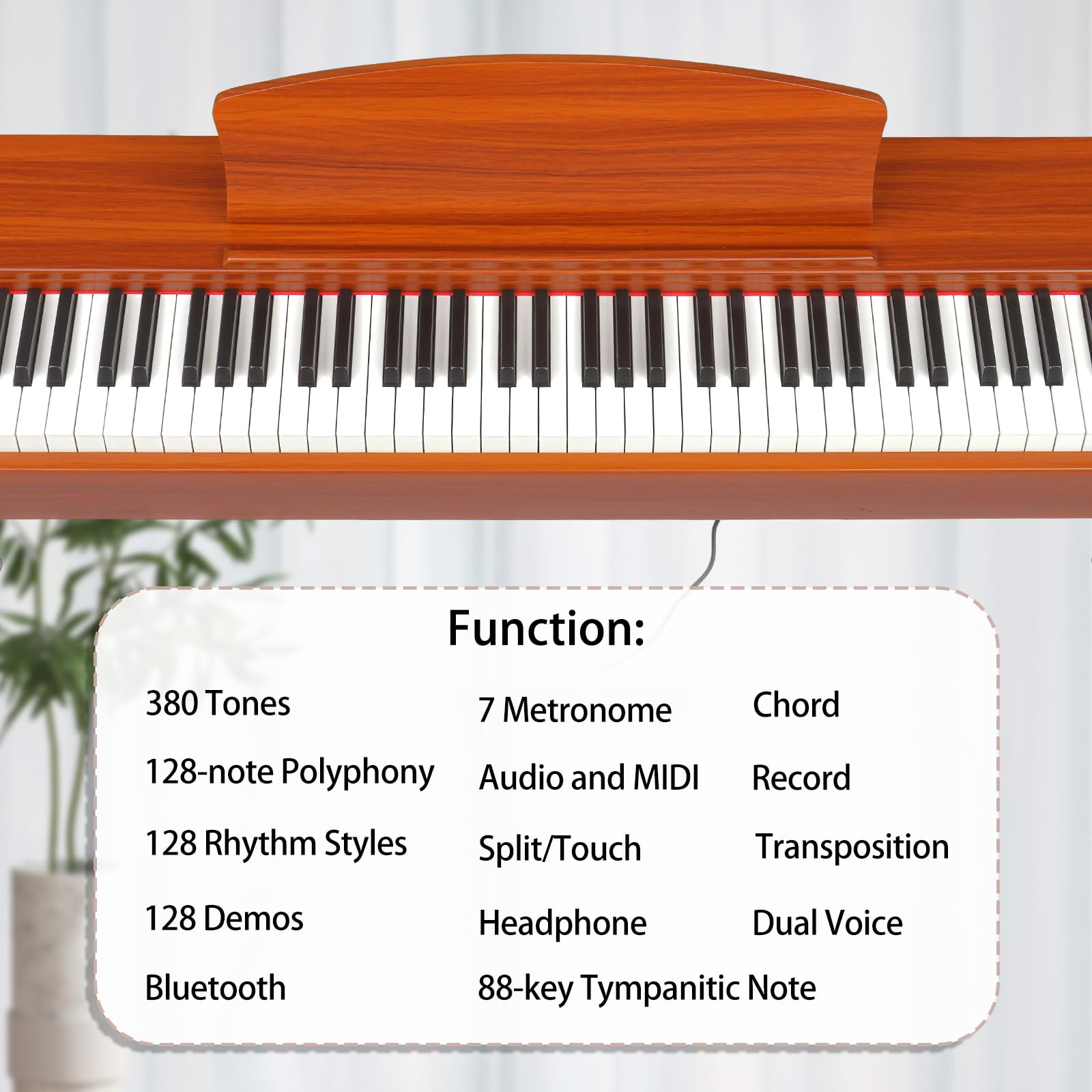 LALAHO Piano électrique 88 touches lesté, piano numérique pour débutants, clavier avec unité à 3 pédales, support à quatre pieds, double Bluetooth, haut-parleurs stéréo, rouge marron