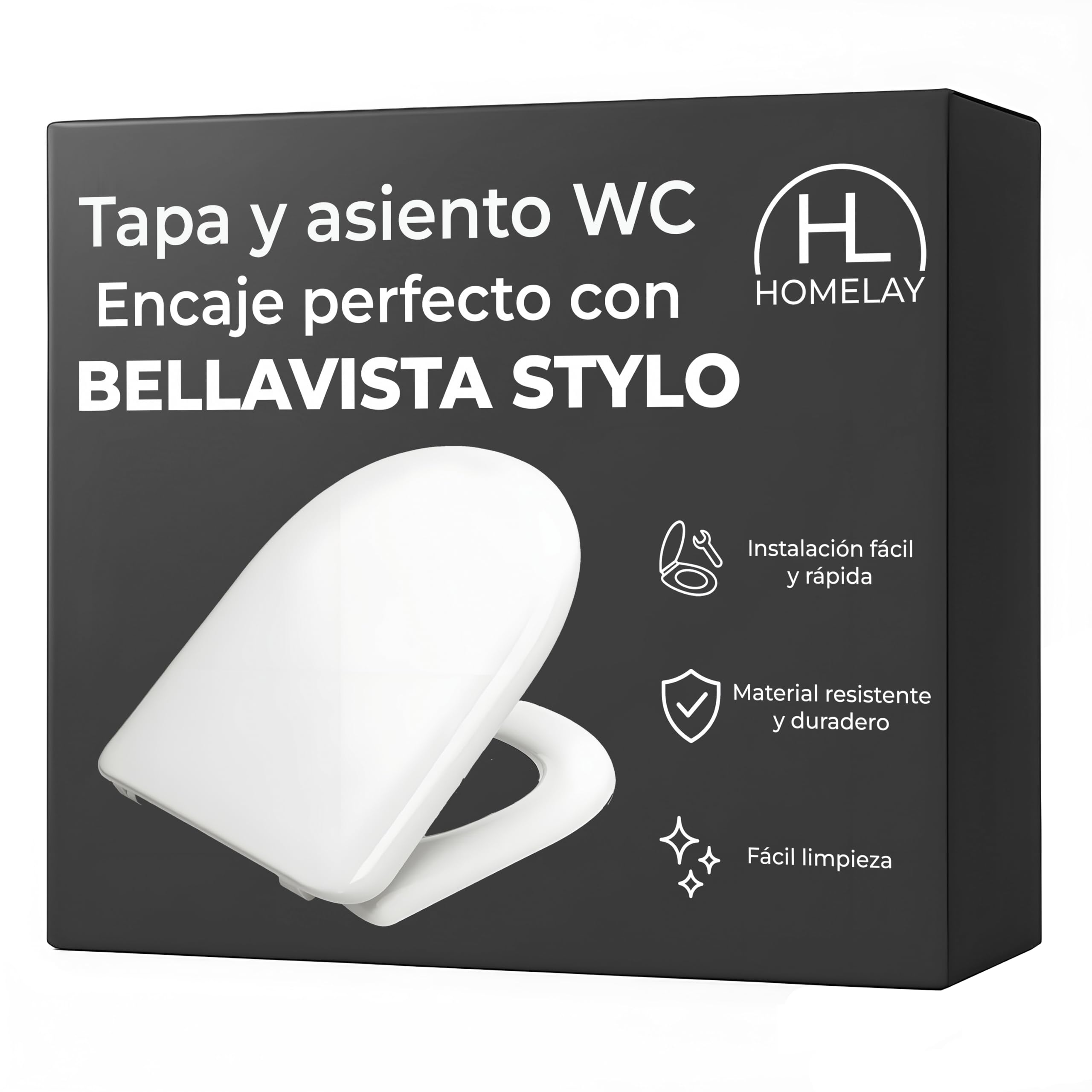 Tapa compatible con WC BELLAVISTA STYLO Blanca. Encaje Perfecto. Fácil Montaje. Bisagra de Acero Inox. Resistente y anti-bacterias. Acabado liso y Brillante. Caída Libre. Fabricada en España