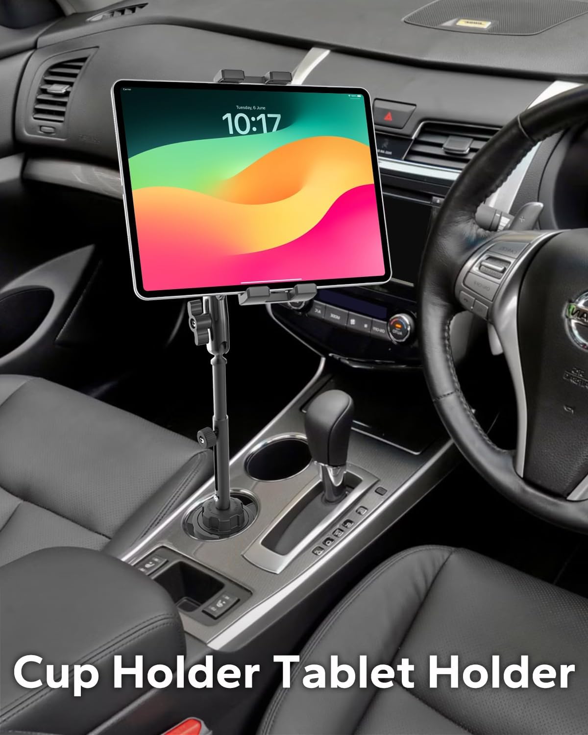 GDZN Metal Cup Holder Tablet Mount for Car Cupholders 2.6"-4" in Diameter, Adjustable iPad Clamp for 4.7"-15.6" Tablets, Heavy-Duty Aluminum Arm, 360° Rotation & Anti-Slip Cars Pickups Trucks SUVs