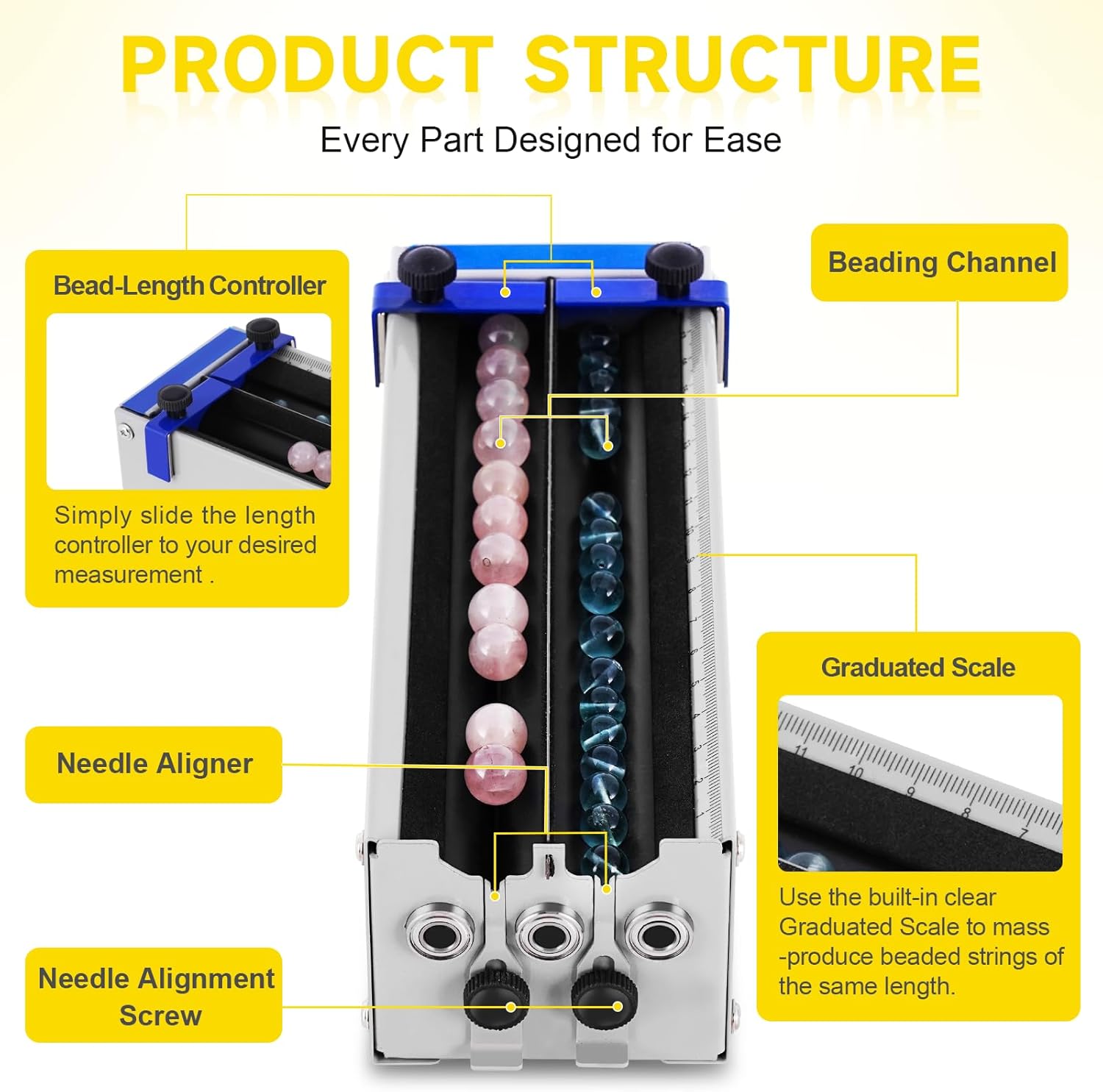 MSFULLSEA Electric Bead Spinner Bead String Machine with Length Stopper for 1.5-17mm Beads with Graduated Scale 2 Channel for Bracelet and Necklace Making (3 Standard Roller)