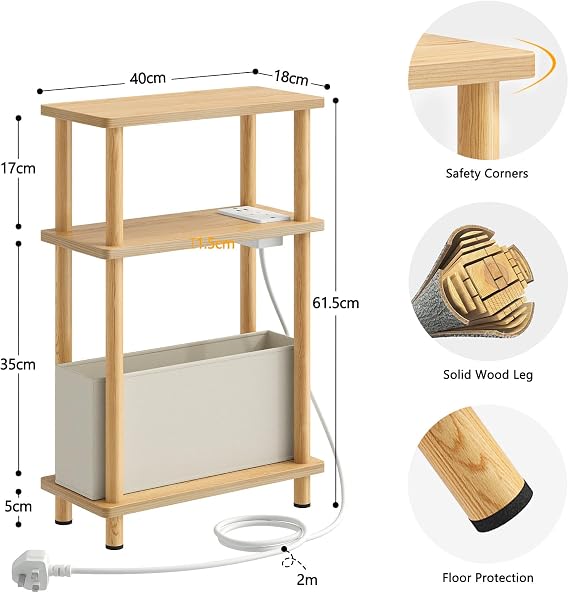 APICIZON Narrow Side Table, 3 Tier Bed Side Table, Slim End Table with Charging Station, for Living Room, Bedroom, Small Nightstand with Magazine Rack, Oak(with a storage box and charging station)