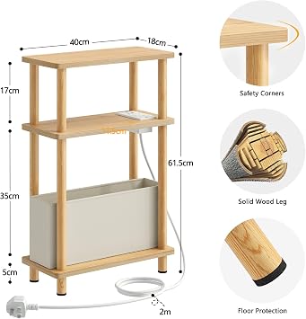 APICIZON Narrow Side Table, 3 Tier Bed Side Table, Slim End Table with Charging Station, for Living Room, Bedroom, Small Nightstand with Magazine Rack, Oak(with a storage box and charging station)