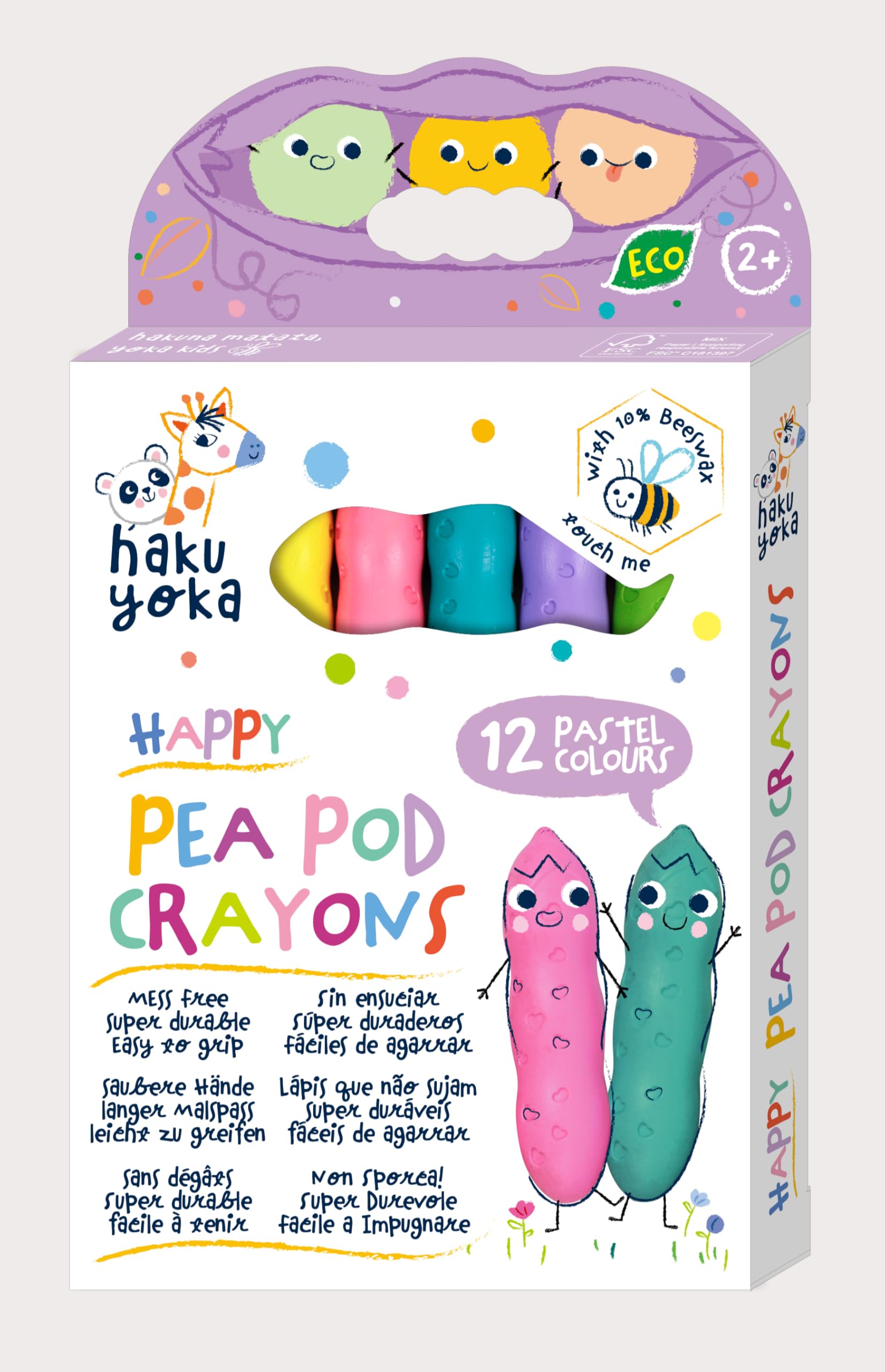 Haku Yoka Happy Pea Pod Crayons, 12 Pastel Colours, Super Durable, Easy to Grip, Ages 2+, FSC
