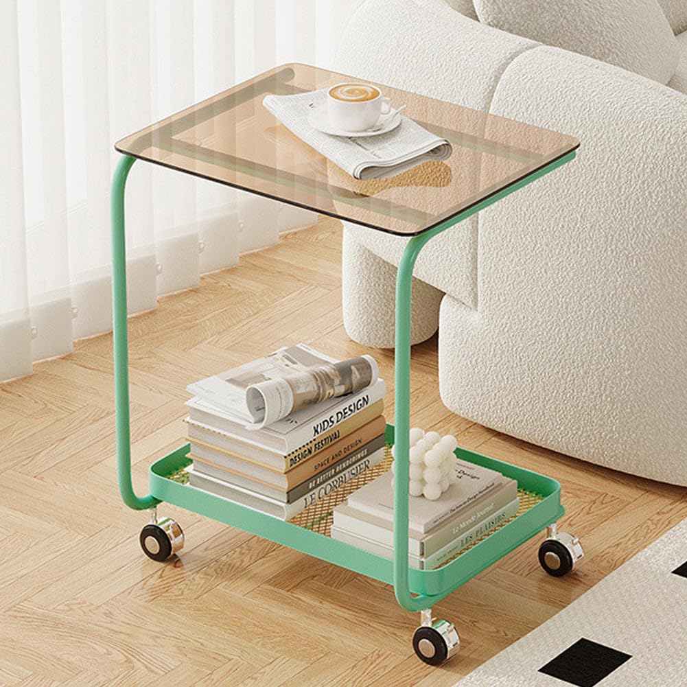 SXZenSpace Tempered Glass Snack Side Tables with Steel Frame, Portable Indoor Outdoor Couch C Table End Table,2 Tier Small Shelf for Living Room, Bedroom,green,brown