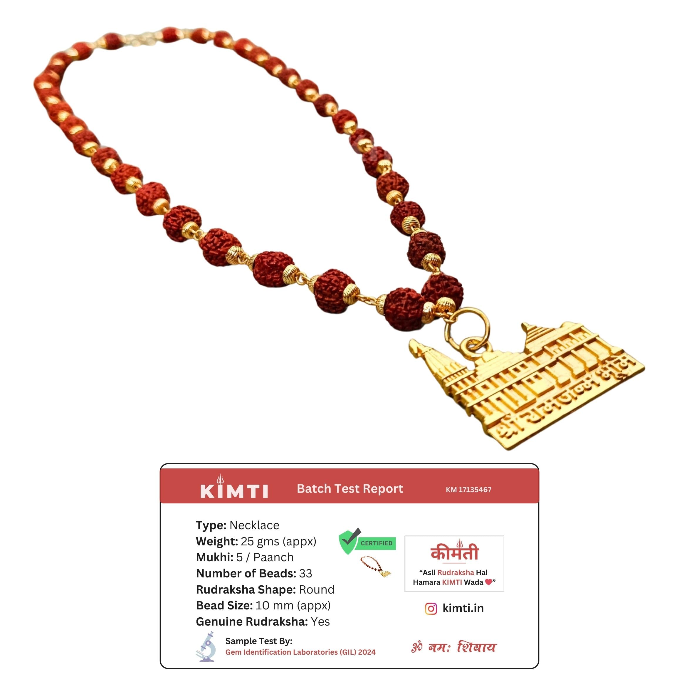 Kimti Jai Sree Ram Lalla Mandir Pendant Certified Original Panchmukhi Rudraksha Gold Plated Locket Mala - Stylish 5 Mukhi Rudrakash Moti Necklace of Divine Ram Ji Hindu Golden Rudraksh Chain Men Women