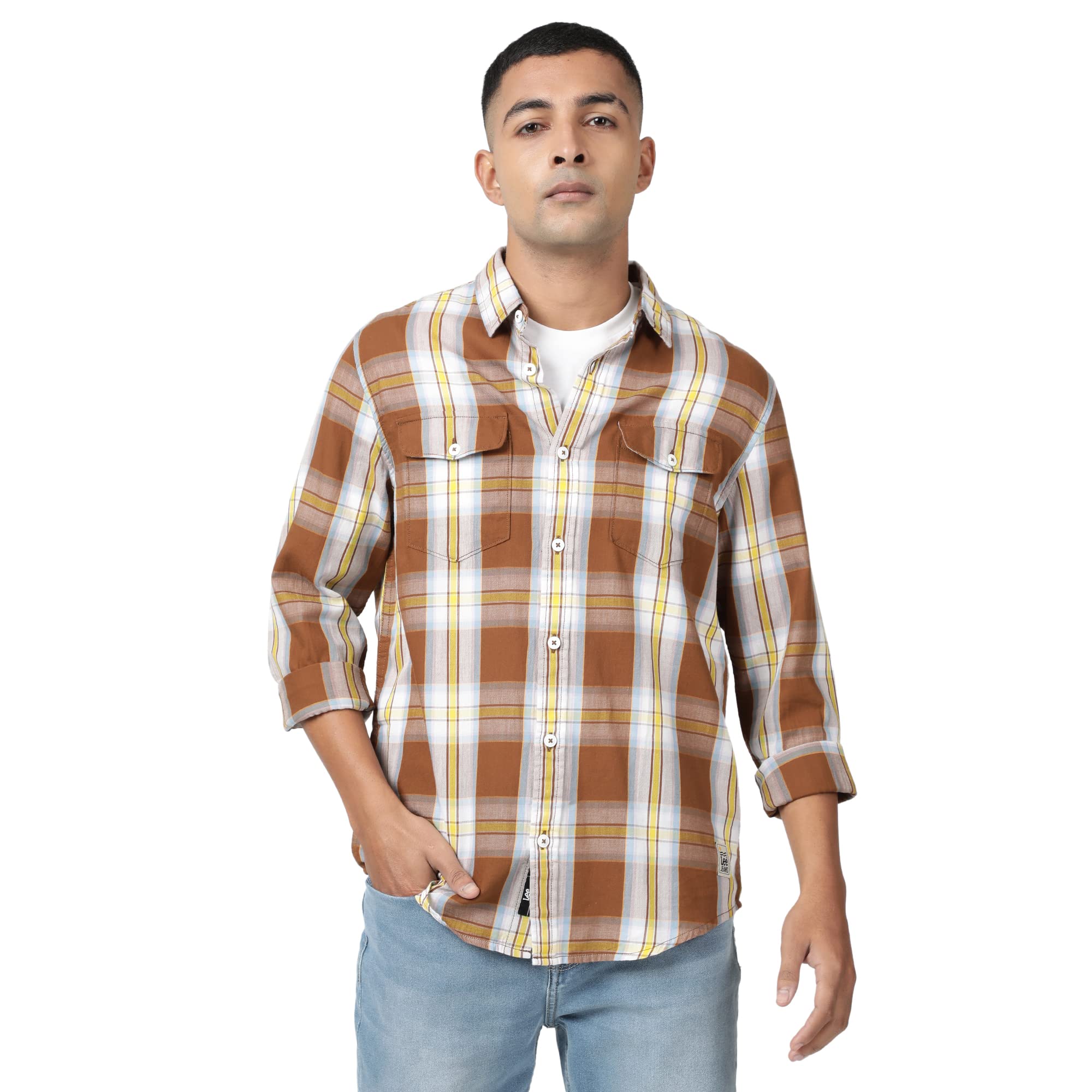 LeeMen's Regular Fit Shirts (LMSH003342_Brown L)