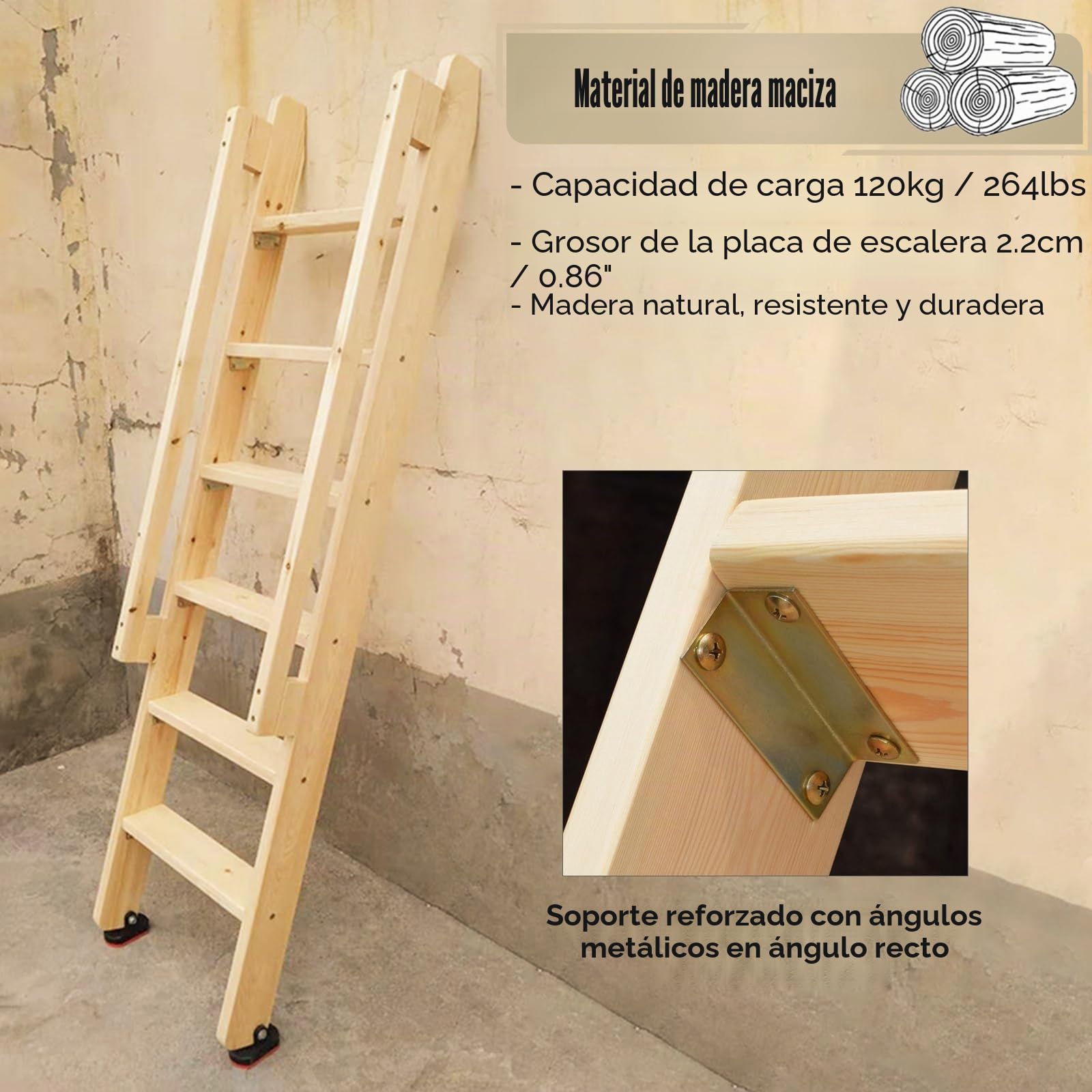 EsEntL Escalera de litera de madera de 6,5 5,7 4,9 4,1 3,2 pies de altura con pasamanos, peldaños de 3,7 pulgadas de ancho, solo escalera de repuesto, 7 6 5 4 3 peldaños para caravana y escuela
