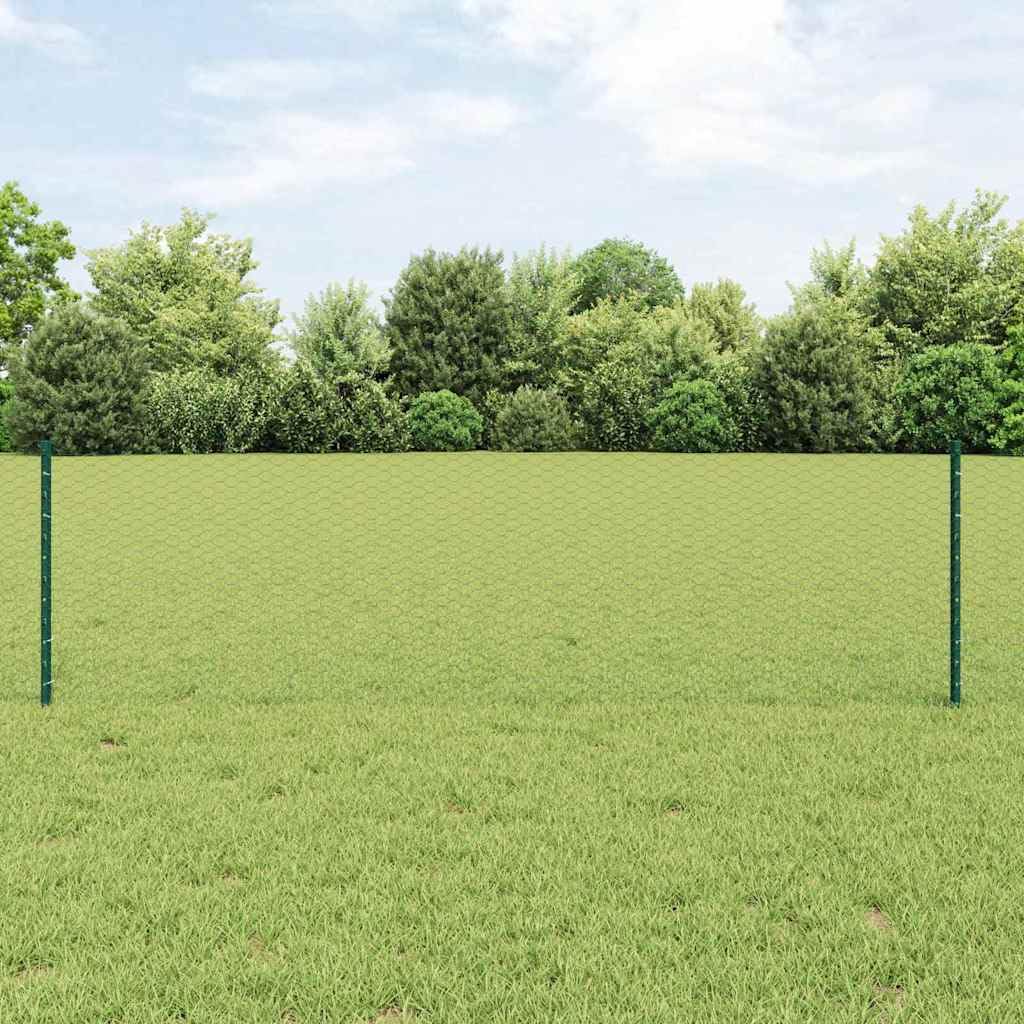 Gartenzaun Grün mit Pfosten, 10m x 60cm Sechseckgeflecht aus Stahl und PVC, Maschendrahtzaun Set mit 5 Pfosten und Zubehör für Garten, Terrasse und Tiergehege
