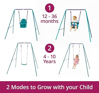 Plum 2 in 1 Toddler Swing Sets For Backyard, Baby Swing Outdoor/Indoor Playground, Bucket Swing Seat with Adjustable Rope and Safety Harnesss, Sturdy, Easy Assembly, Ages 12 Months and Up, Purple/Teal