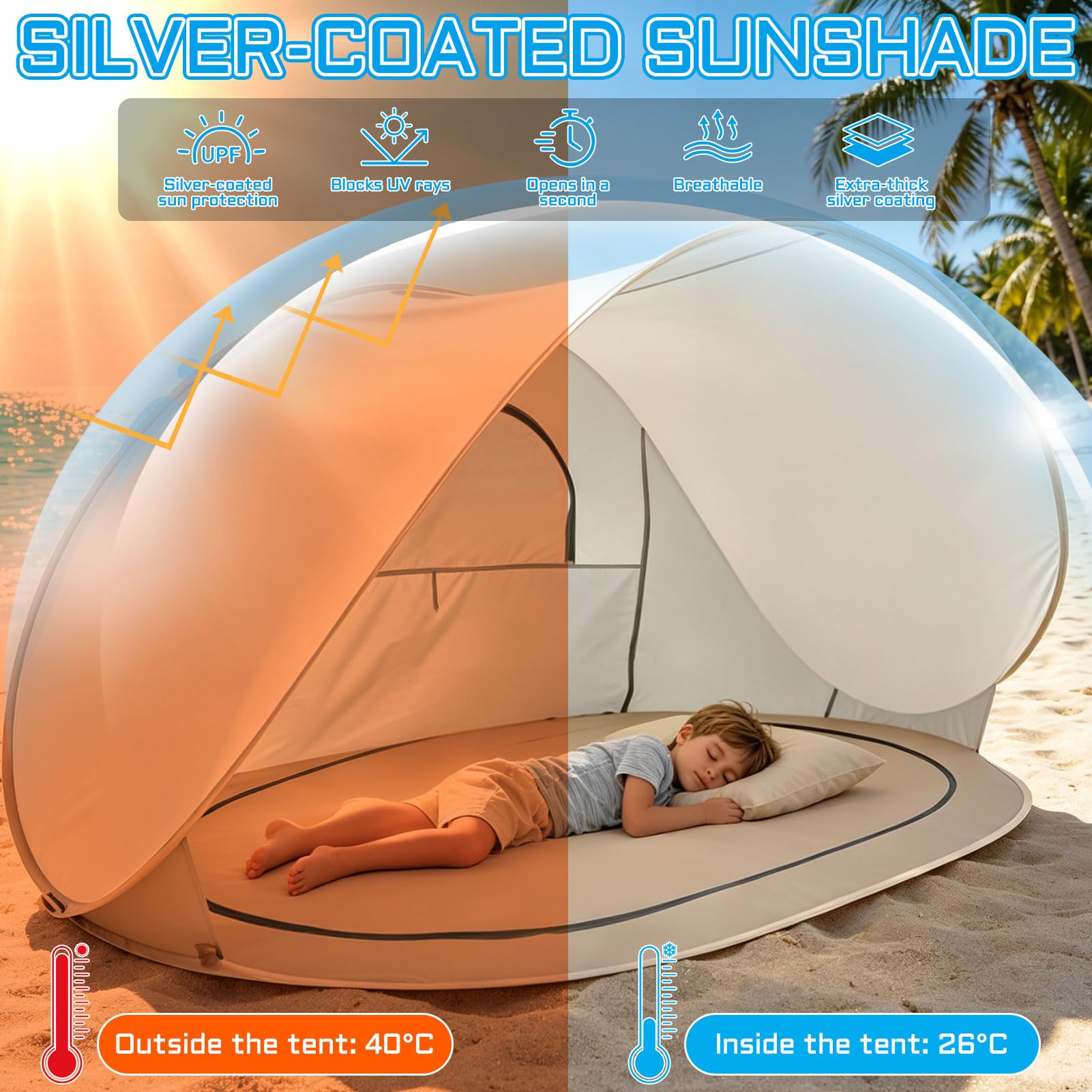Tente de plage pop-up améliorée, tente de plage portable pour 3 à 4 personnes, fond amovible, abri de plage protection UV 50, tente de plage coupe-vent pour protection solaire, plage, jardin (beige)