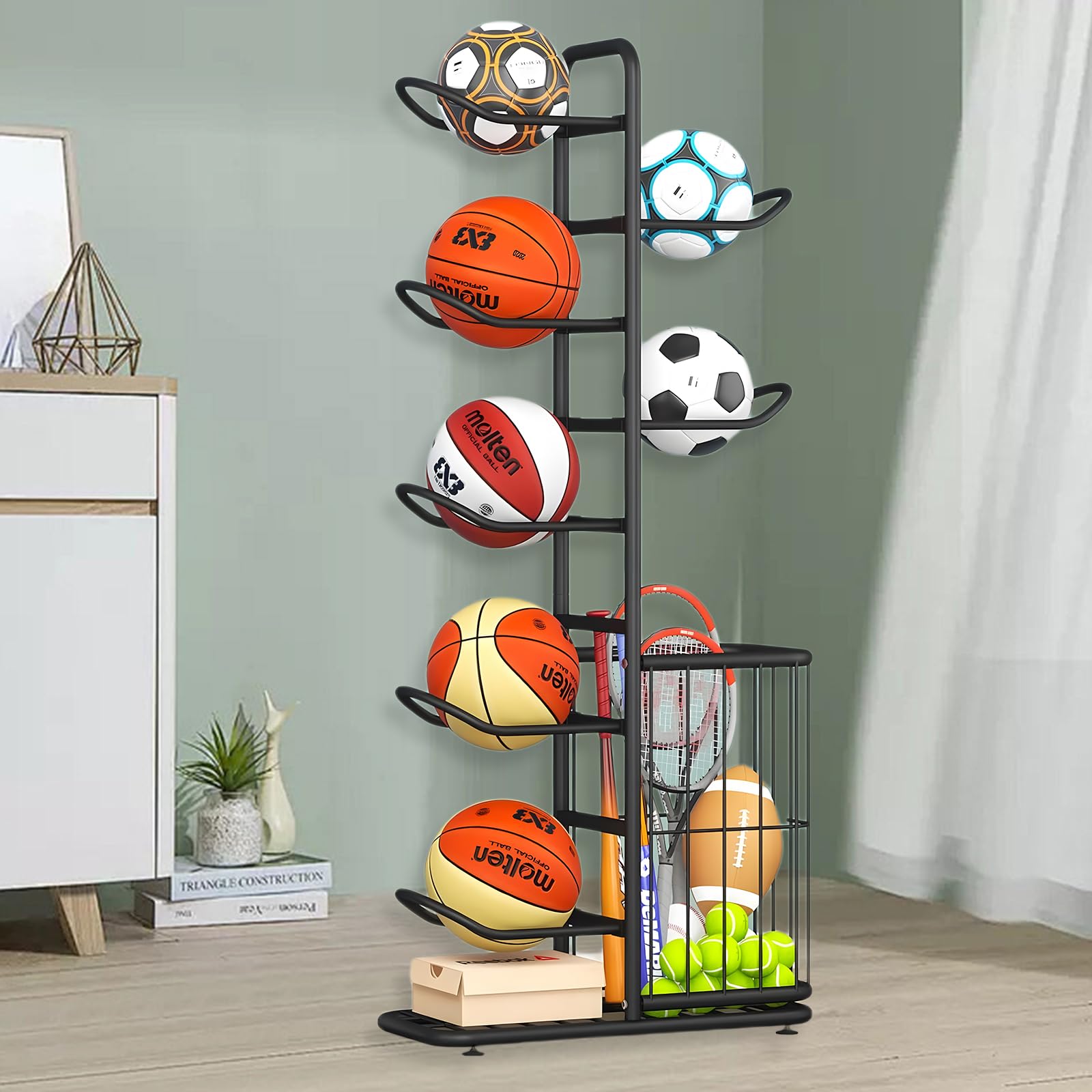 Nba Racks Indoor Basketball Melos 7 Tier Basketball Rack, Freestanding Ball Storage