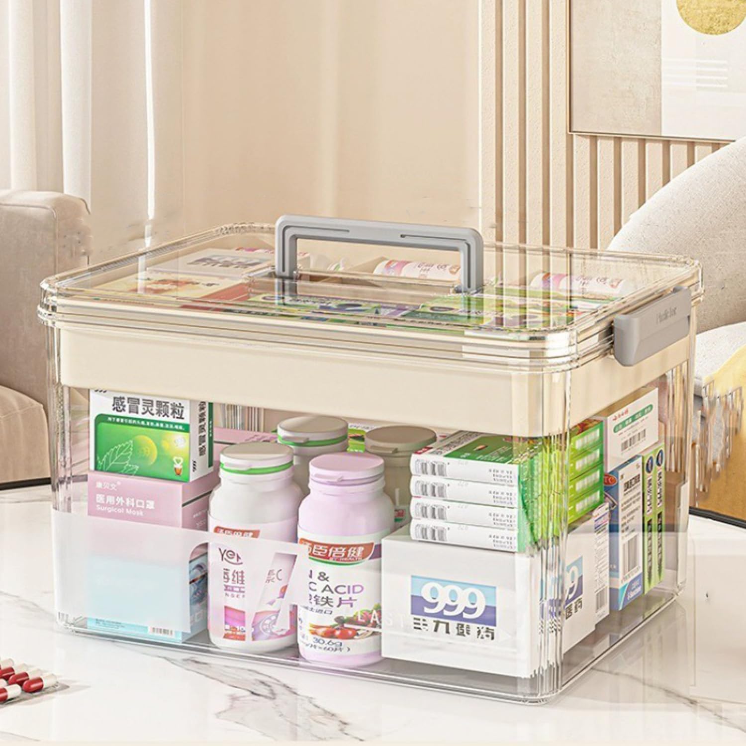 Multipurpose Plastic Medicine Box Organizer, First Aid Kit Storage Case, Pills Organizer with Compartments & Handle,Storage Organizer Box (beige)