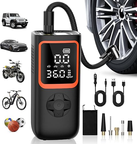 Compresor de aire portátil para inflado de neumáticos, bomba de aire inalámbrica de 150 PSI para neumáticos de automóvil con manómetro y luz LED,