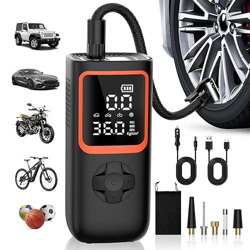 Tire Inflator Portable Air Compressor - 150PSI Cordless Air Pump for Car Tires with Pressure Gauge & LED Light, 3X Faster Inflation Electric Air Compressor for Car Bikes, Motorcycle, Ball - Black