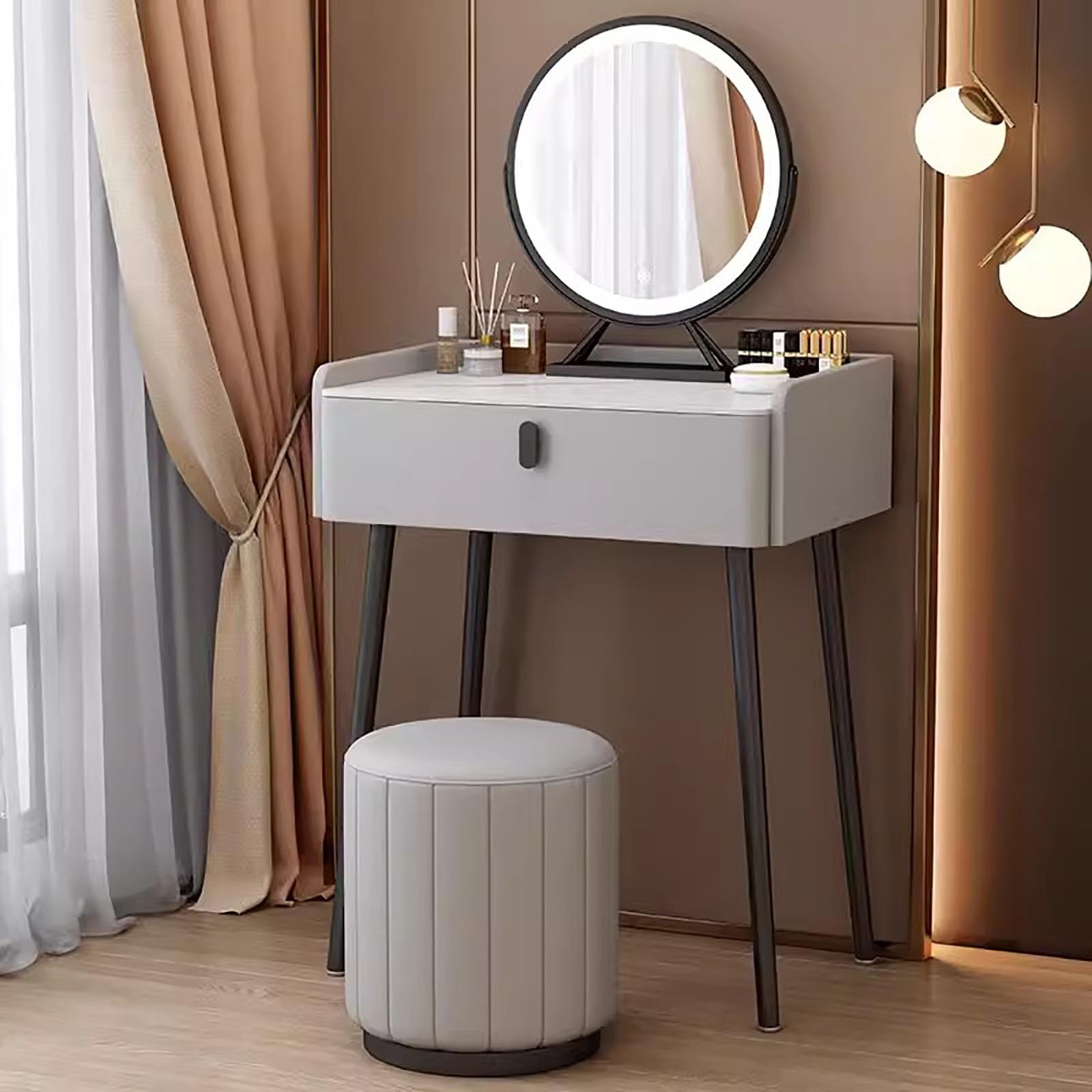 asdchZen Champagne Makeup Vanity Desk Set With Led Lighted Mirror & Cushioned Stool-Stylish Dressing Table For Bedroom & Studio, 23.6In/60Cm,Grey-27.5in/70cm