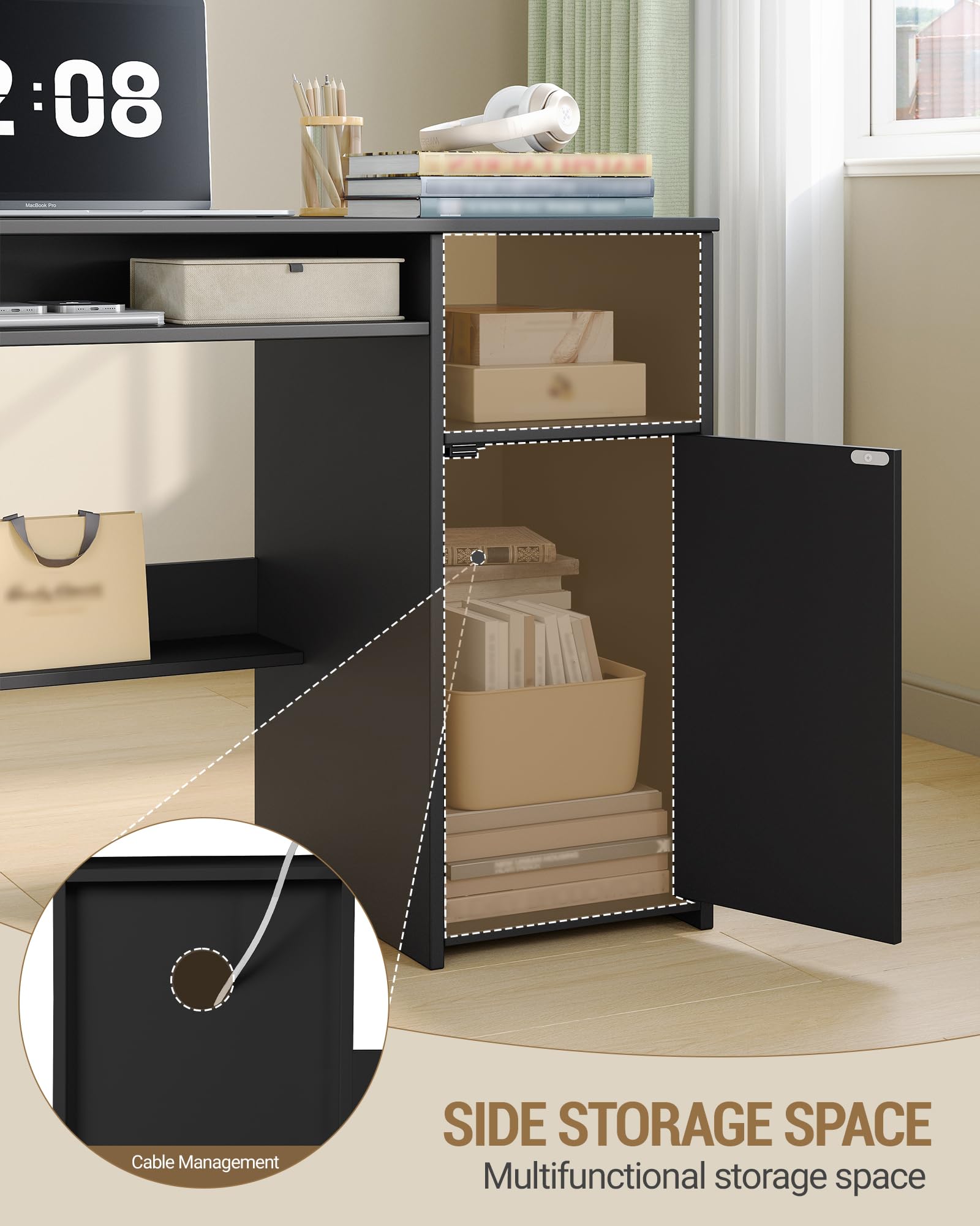 Hzuaneri Mesa Ordenador, Mesa de Oficina con Almacenamiento, Escritorio Moderno con Estantería, para Estudio, Oficina, Dormitorio, 50 x 108 x 75 cm, Negro CD10106X